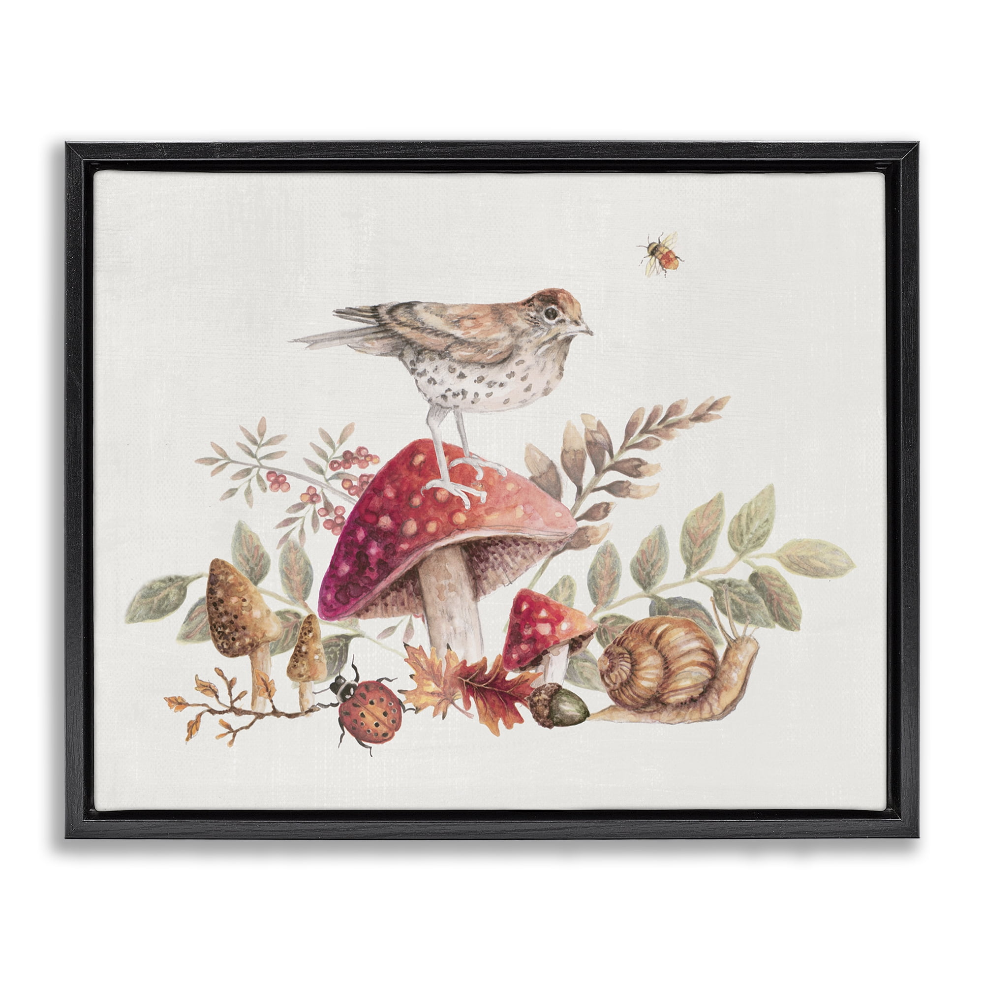 Stupell Industries Rustic Botanicals & Bird Botanical & Floral Painting Black Floater Framed Canvas Art Print Wall Art, 31 x 25