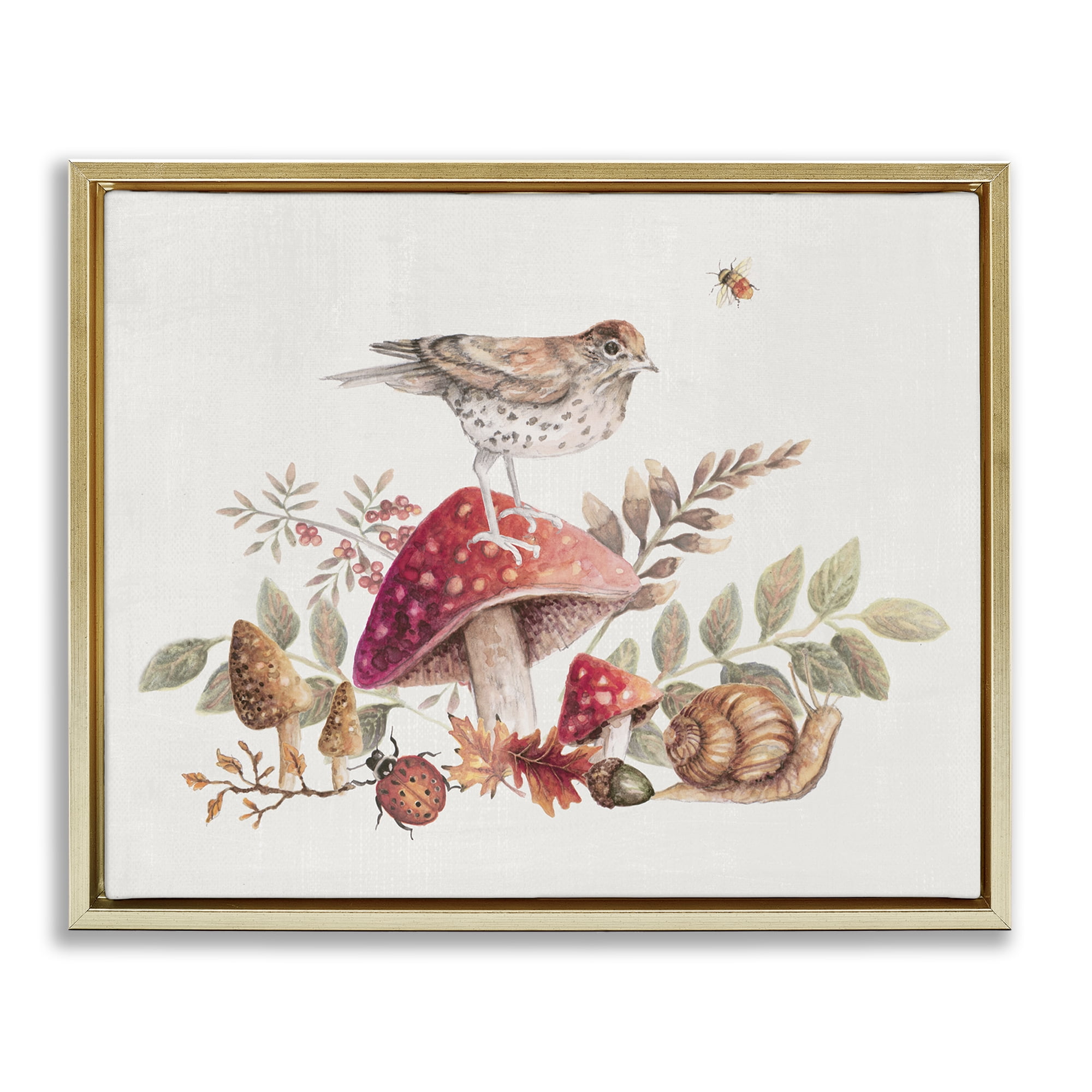 Stupell Industries Rustic Botanicals & Bird Botanical & Floral Painting Gold Floater Framed Canvas Art Print Wall Art, 31 x 25