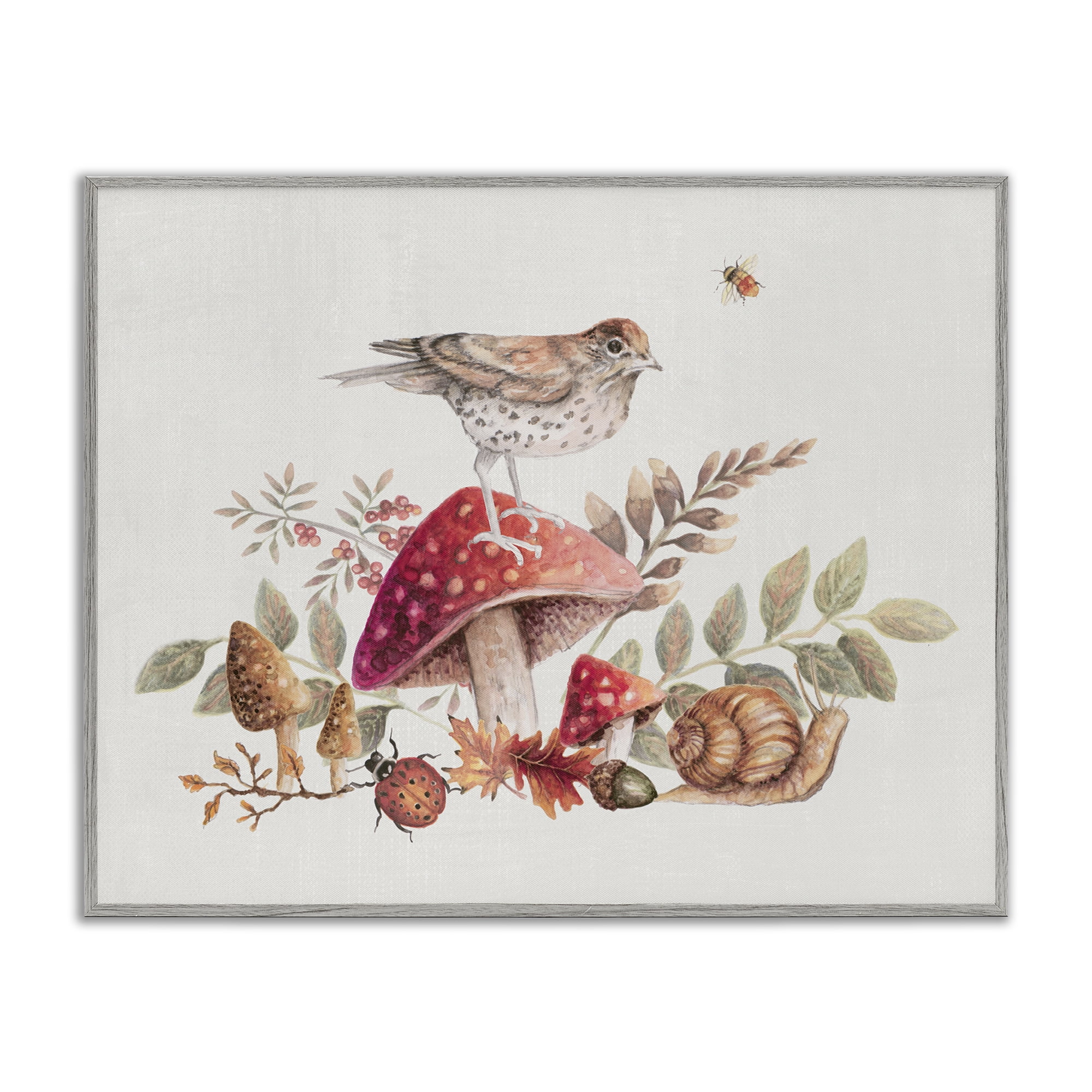 Stupell Industries Rustic Botanicals & Bird Botanical & Floral Painting Gray Framed Art Print Wall Art, 14 x 11