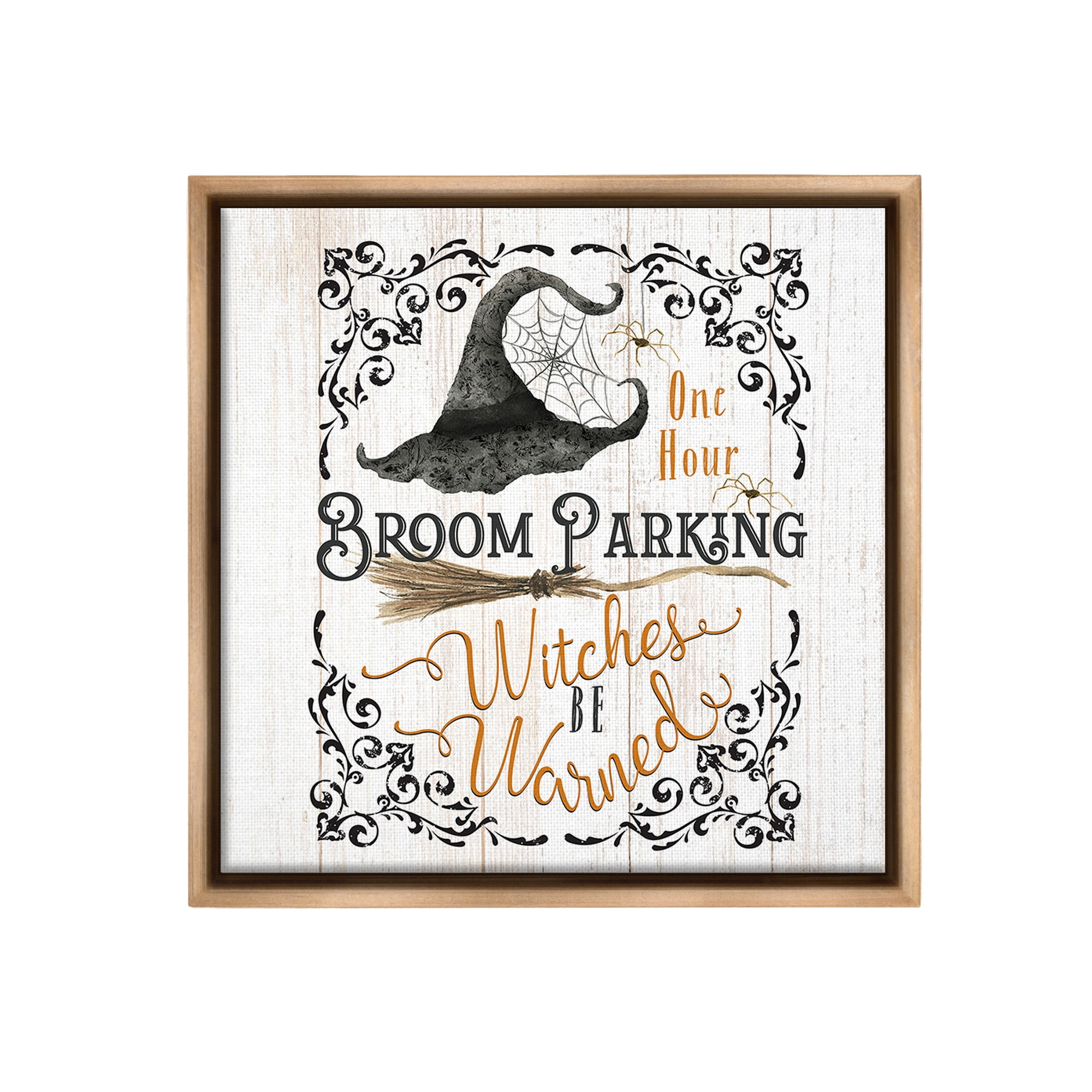 Stupell Industries Rustic Broom Parking Holiday Painting Brown Floater Framed Canvas Art Print Wall Art, 18 x 18