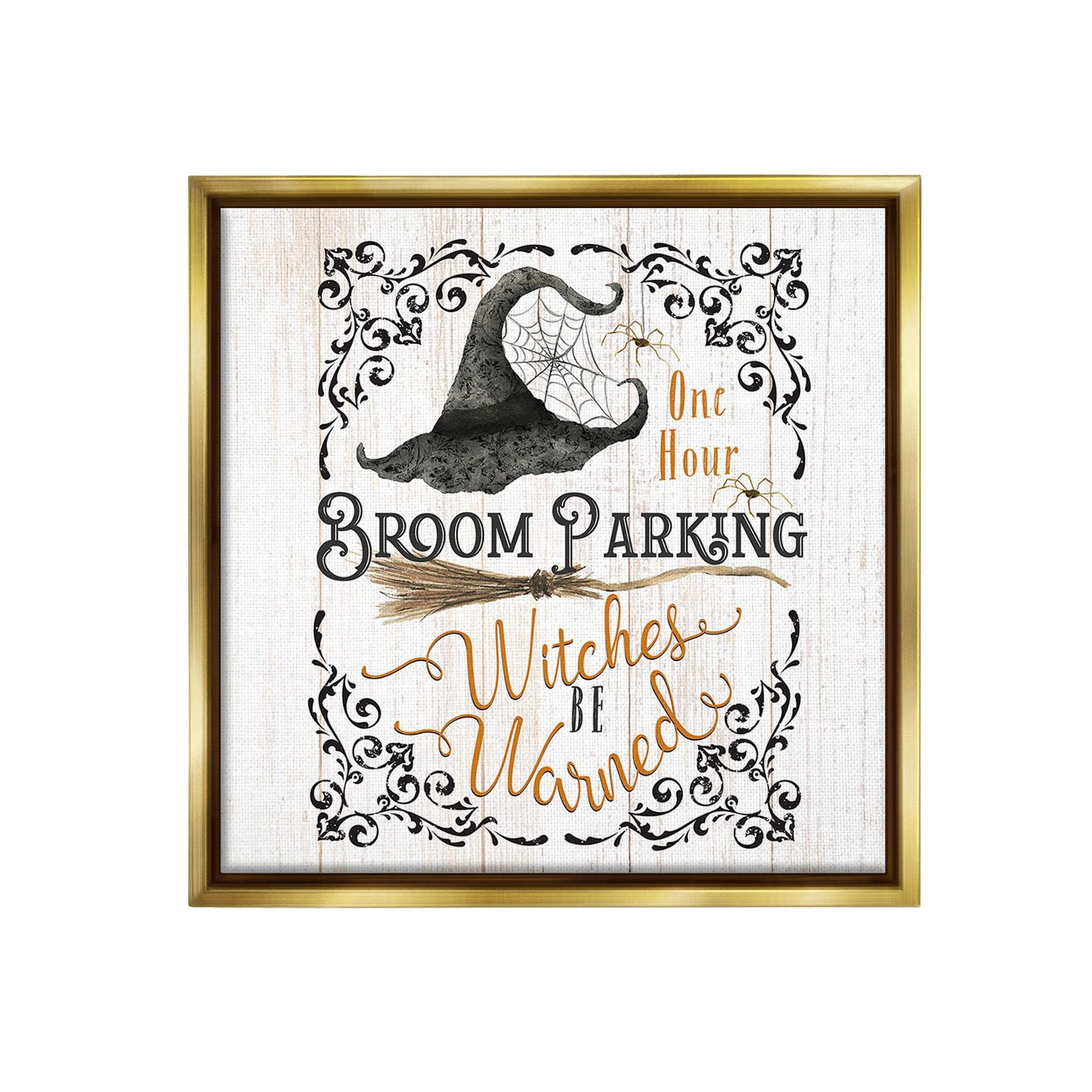 Stupell Industries Rustic Broom Parking Holiday Painting Gold Floater Framed Canvas Art Print Wall Art, 25 x 25