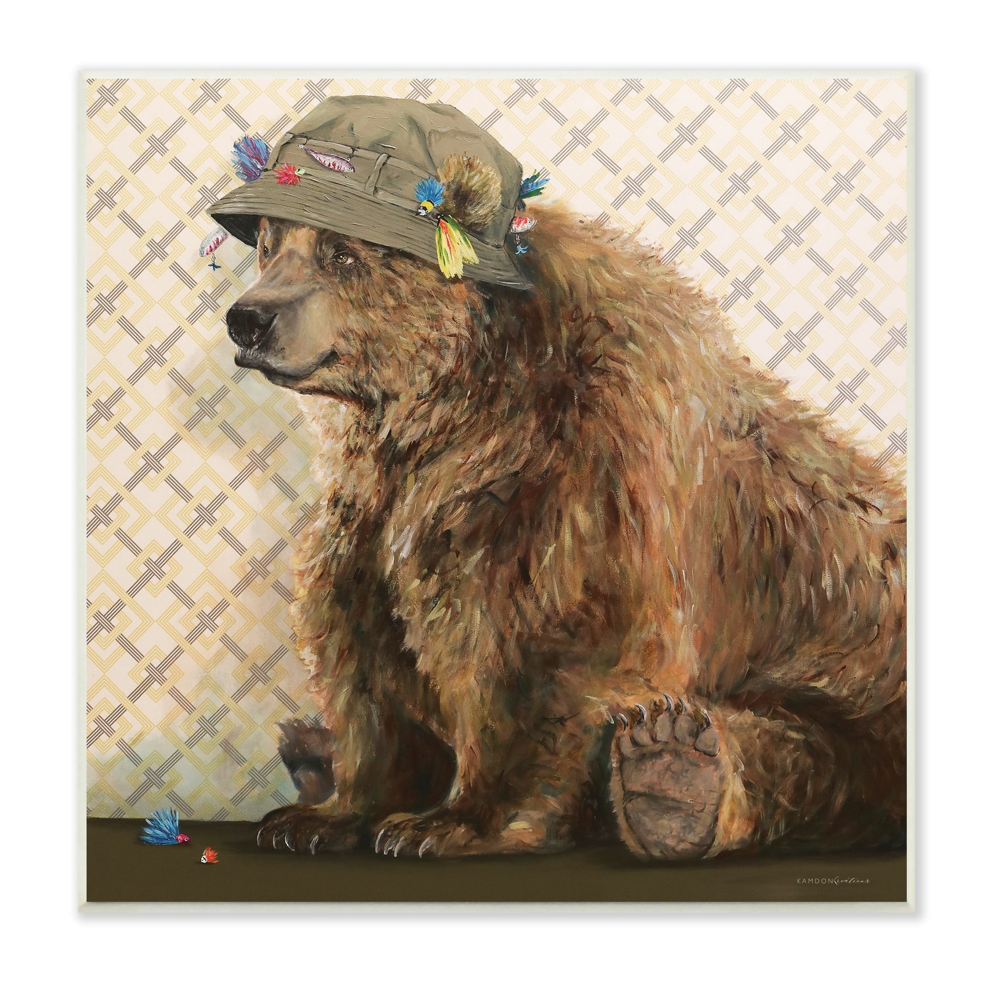 Stupell Industries Rustic Brown Bear Wearing Fisherman's Hat Geometric Pattern, 12 x 12, Design by Kamdon Kreations
