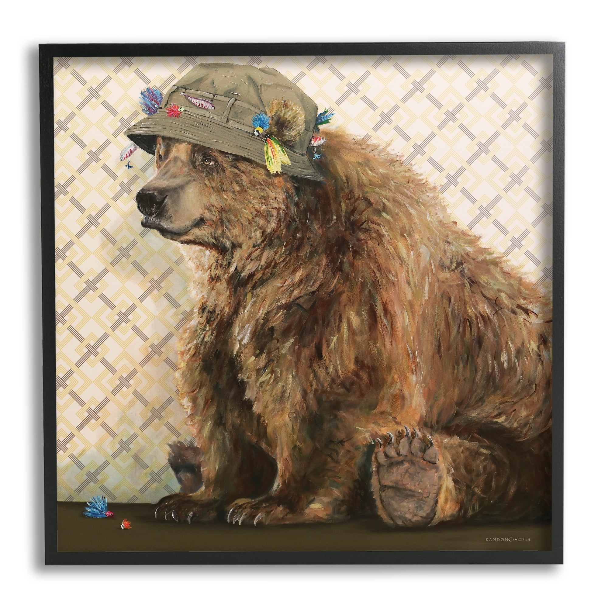 Stupell Industries Rustic Brown Bear Wearing Fisherman's Hat Geometric Pattern, 24 x 24, Design by Kamdon Kreations
