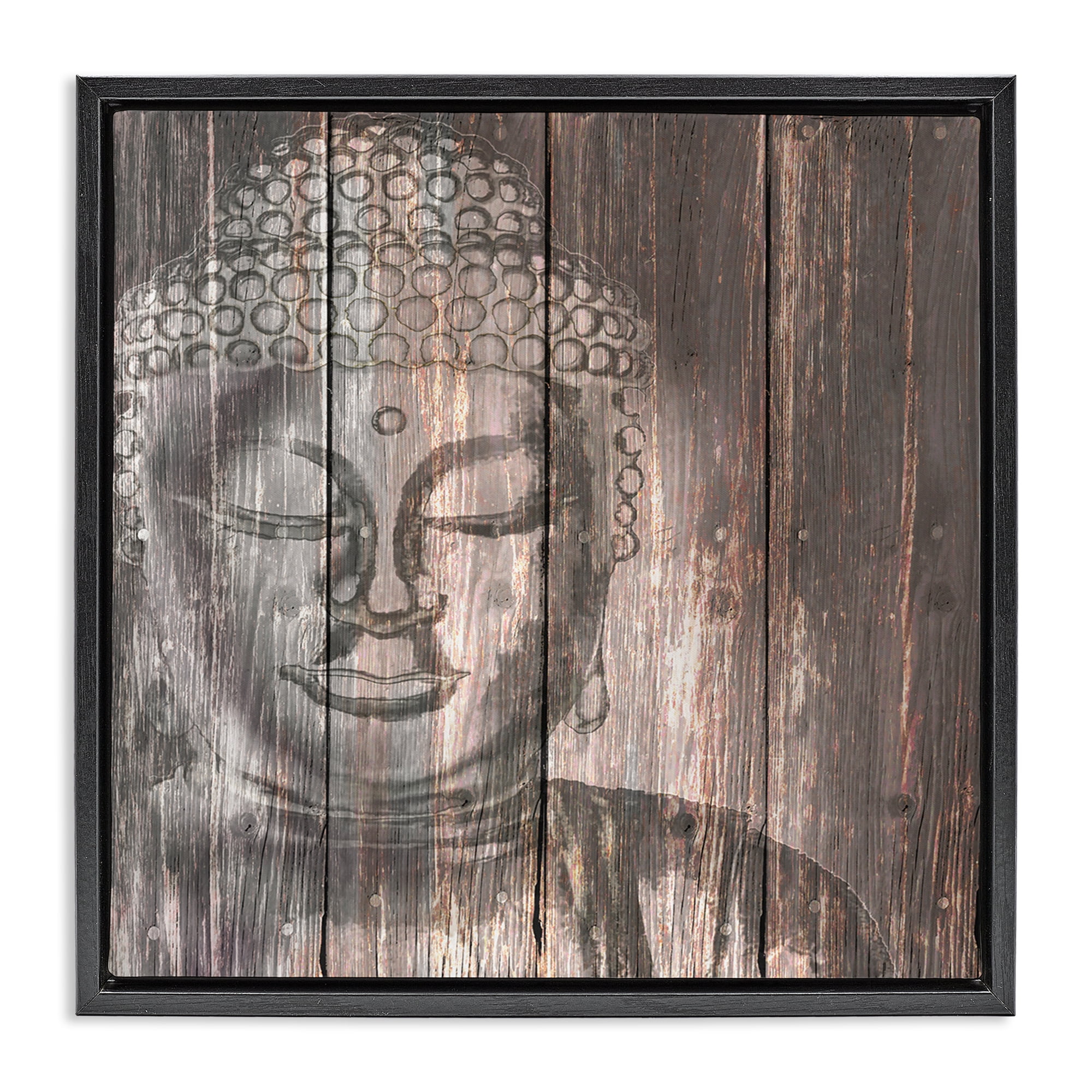 Stupell Industries Rustic Buddha Face Religious & Spiritual Painting Black Floater Framed Canvas Art Print Wall Art, 25 x 25