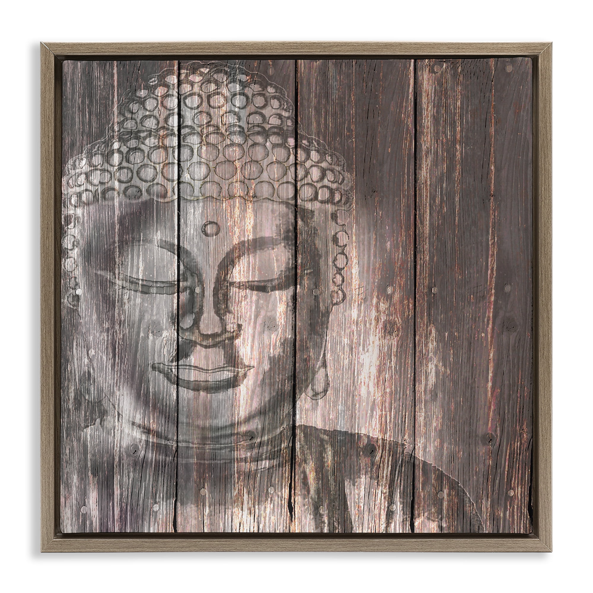 Stupell Industries Rustic Buddha Face Religious & Spiritual Painting Brown Floater Framed Canvas Art Print Wall Art, 18 x 18