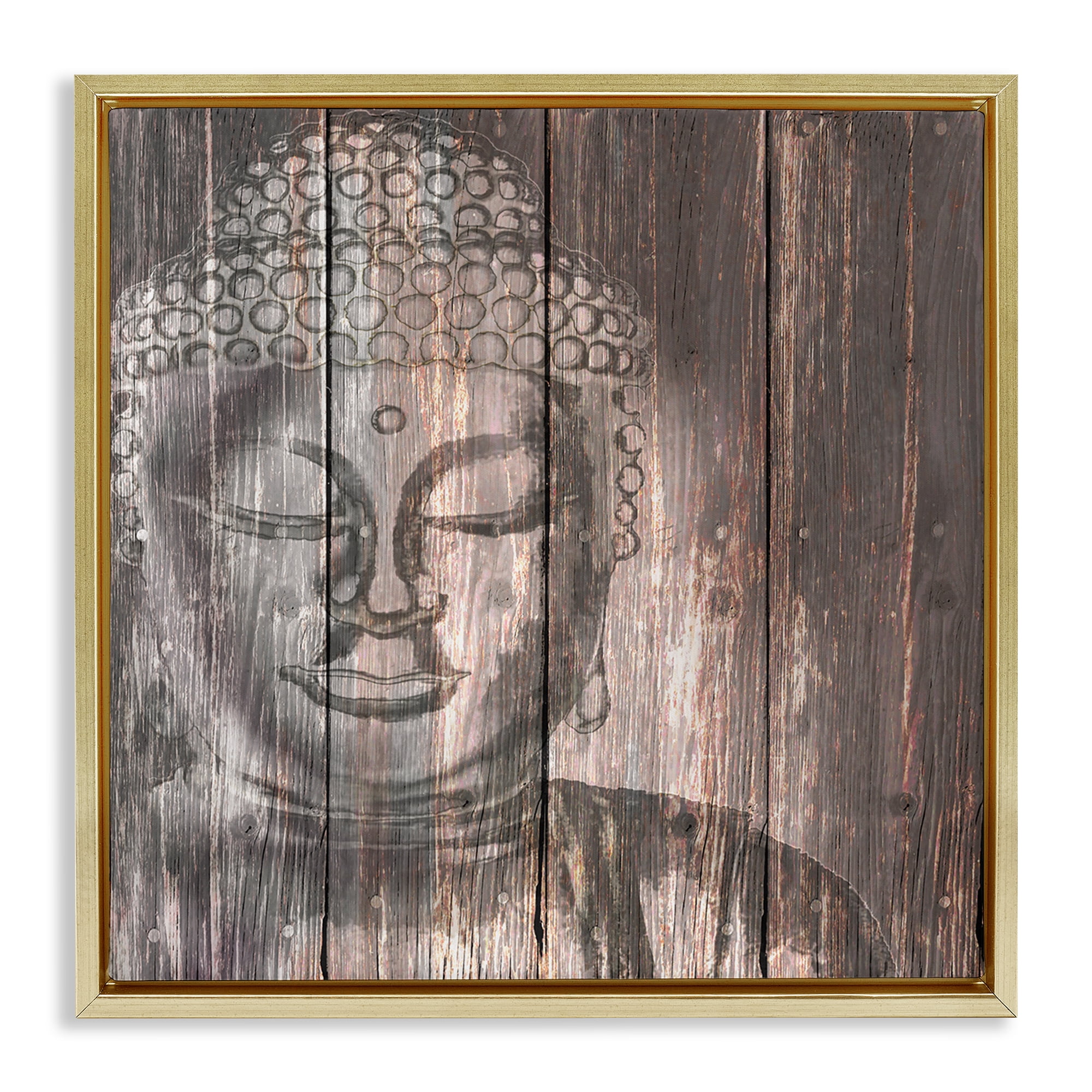 Stupell Industries Rustic Buddha Face Religious & Spiritual Painting Gold Floater Framed Canvas Art Print Wall Art, 18 x 18