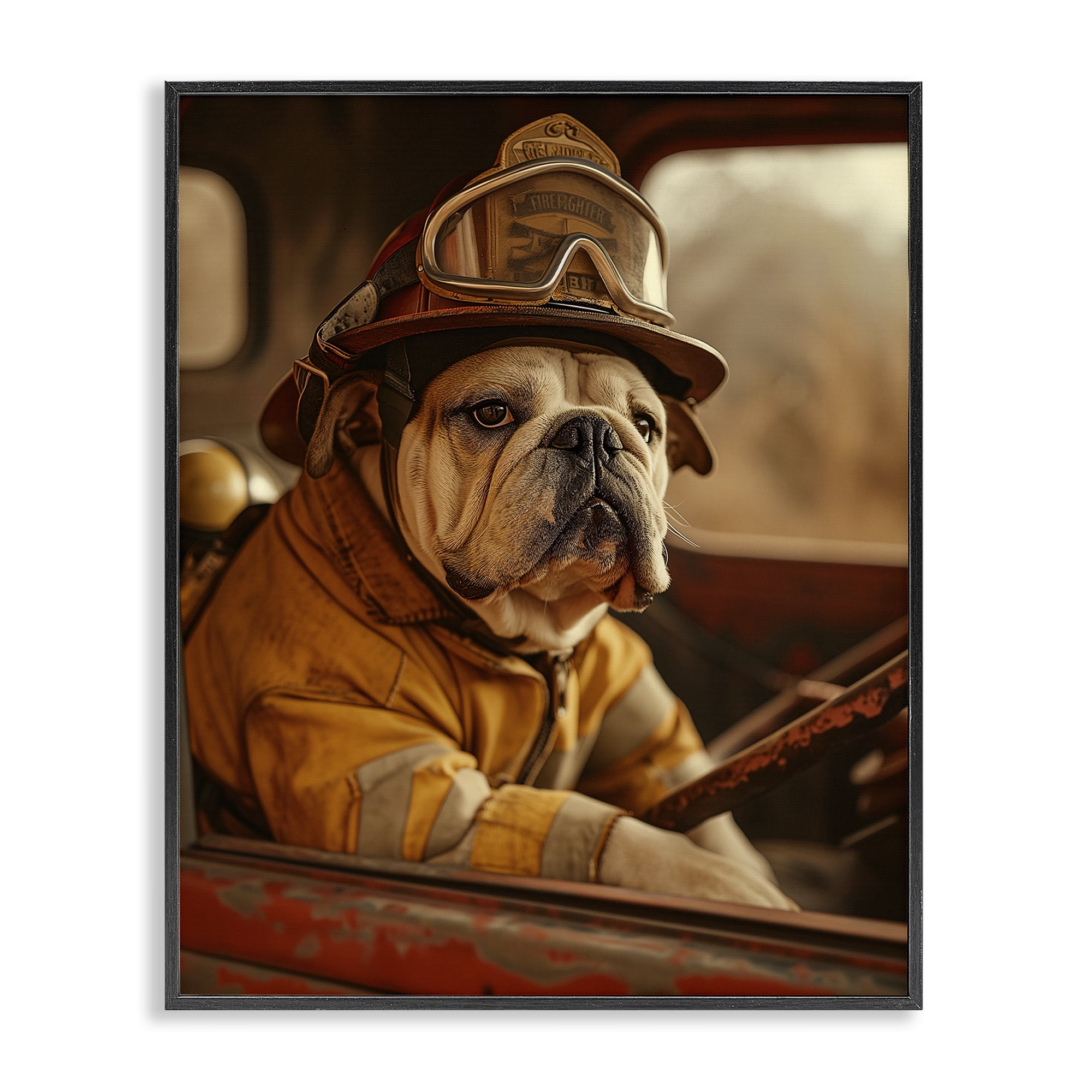 Stupell Industries Rustic Bulldog Fireman Novelty Painting Black Framed Art Print Wall Art, 24 x 30
