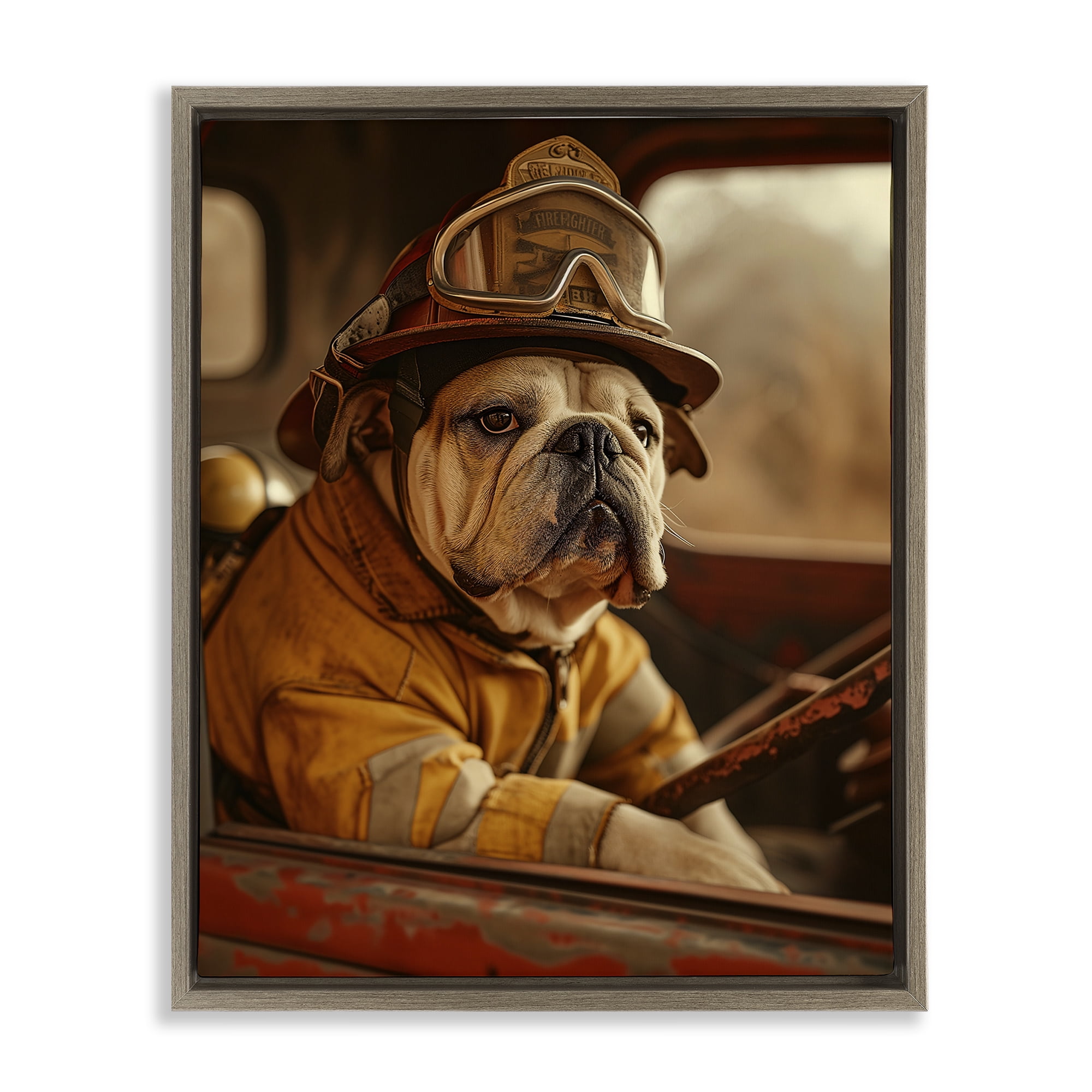 Stupell Industries Rustic Bulldog Fireman Novelty Painting Brown Floater Framed Canvas Art Print Wall Art, 25 x 31