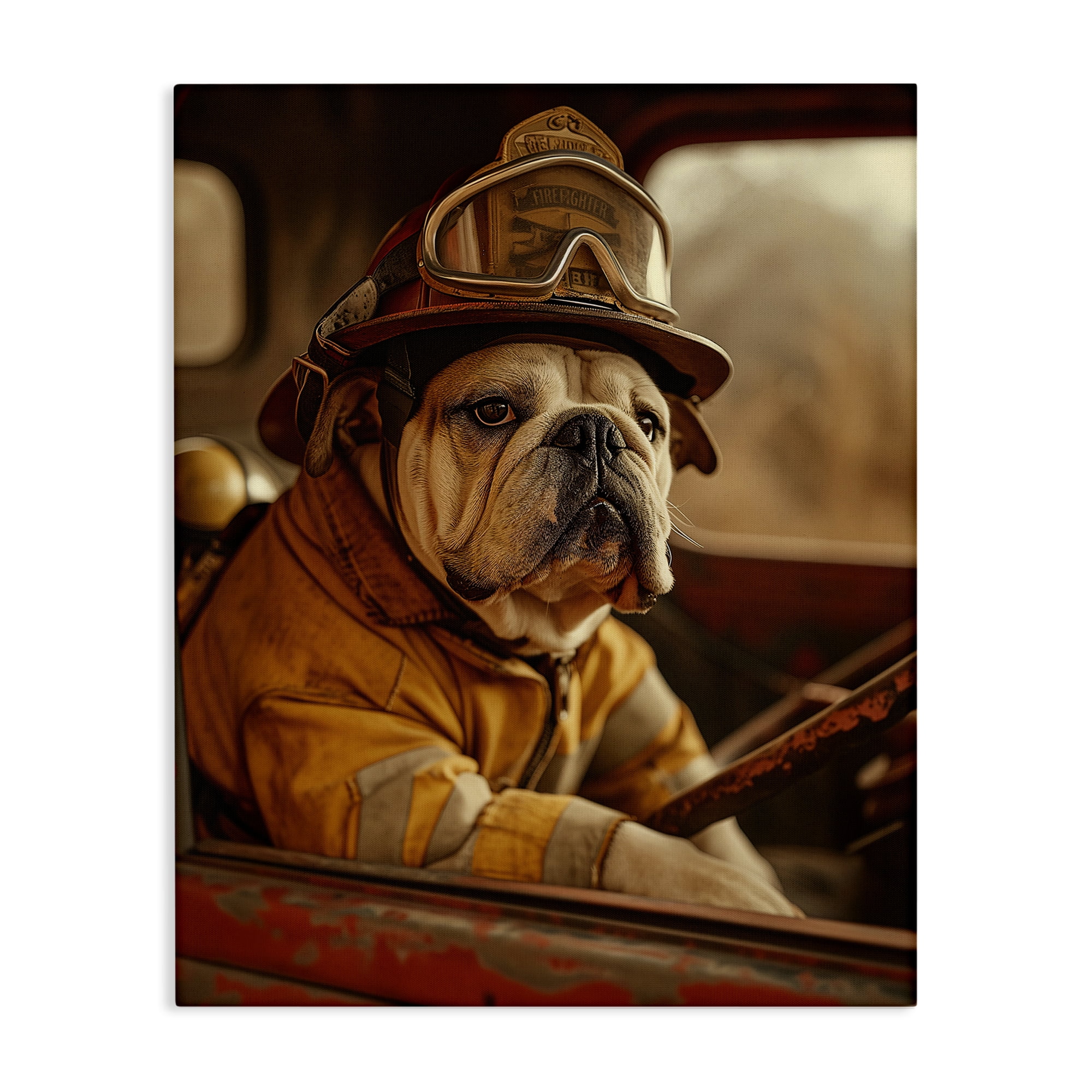 Stupell Industries Rustic Bulldog Fireman Novelty Painting Gallery Wrapped Canvas Art Print Wall Art, 24 x 30