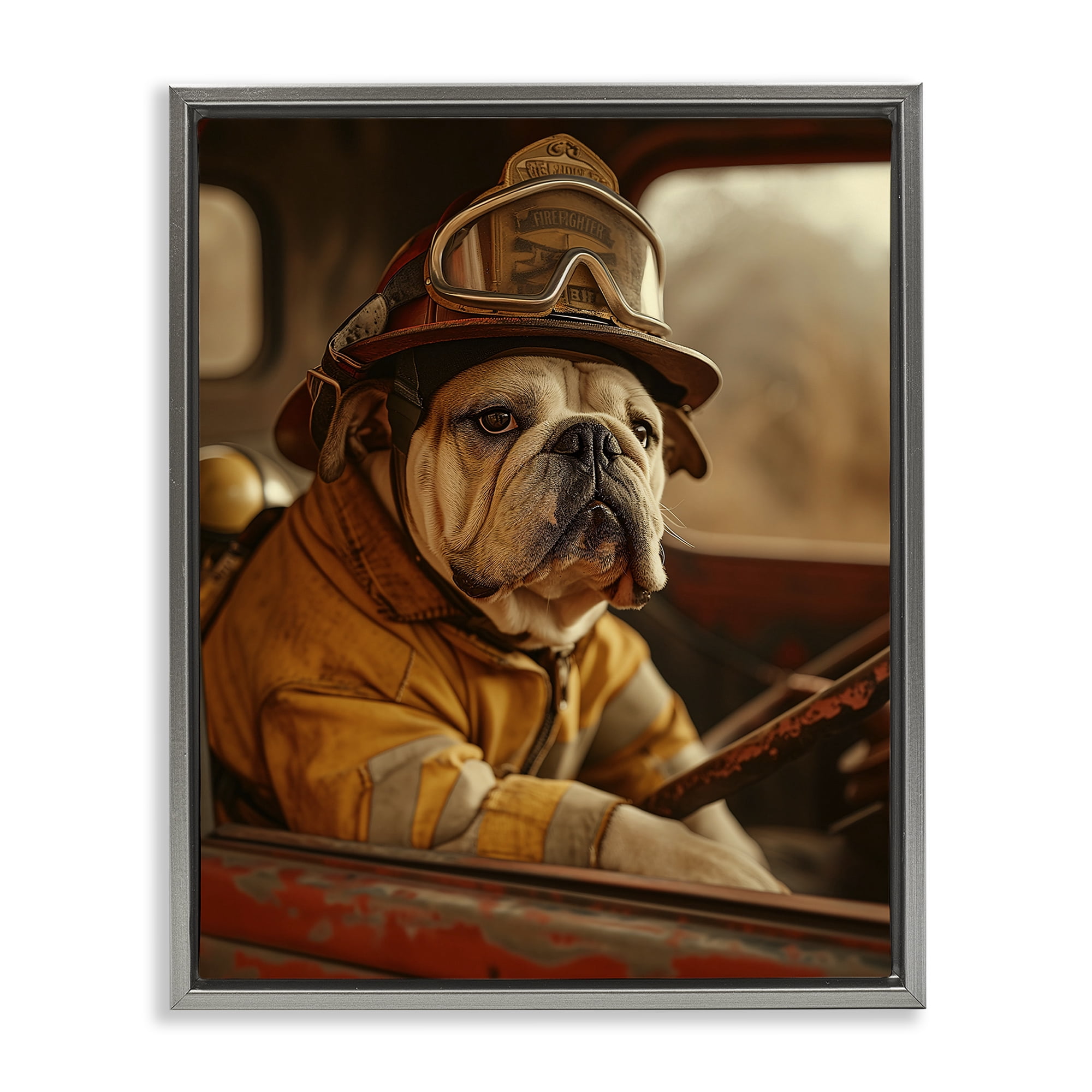 Stupell Industries Rustic Bulldog Fireman Novelty Painting Gray Floater Framed Canvas Art Print Wall Art, 17 x 21