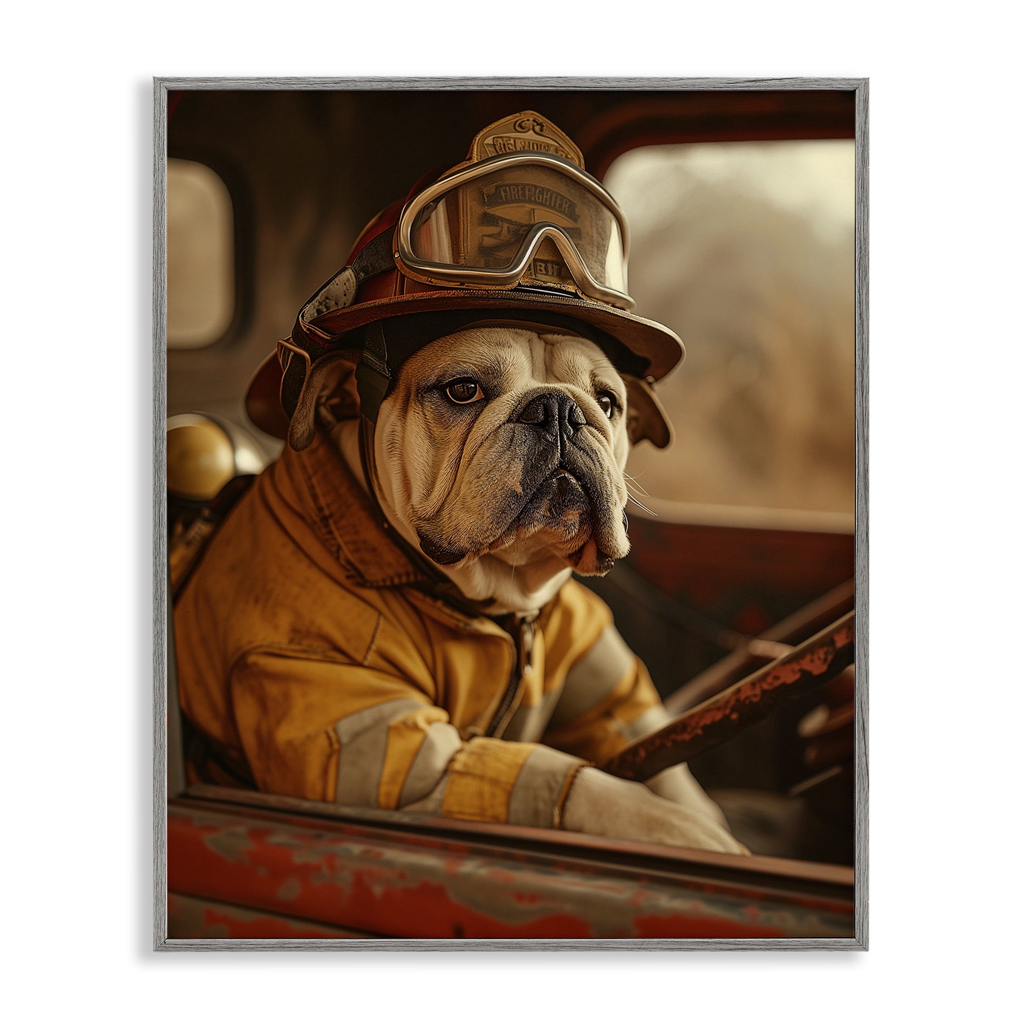 Stupell Industries Rustic Bulldog Fireman Novelty Painting Gray Framed Art Print Wall Art, 11 x 14