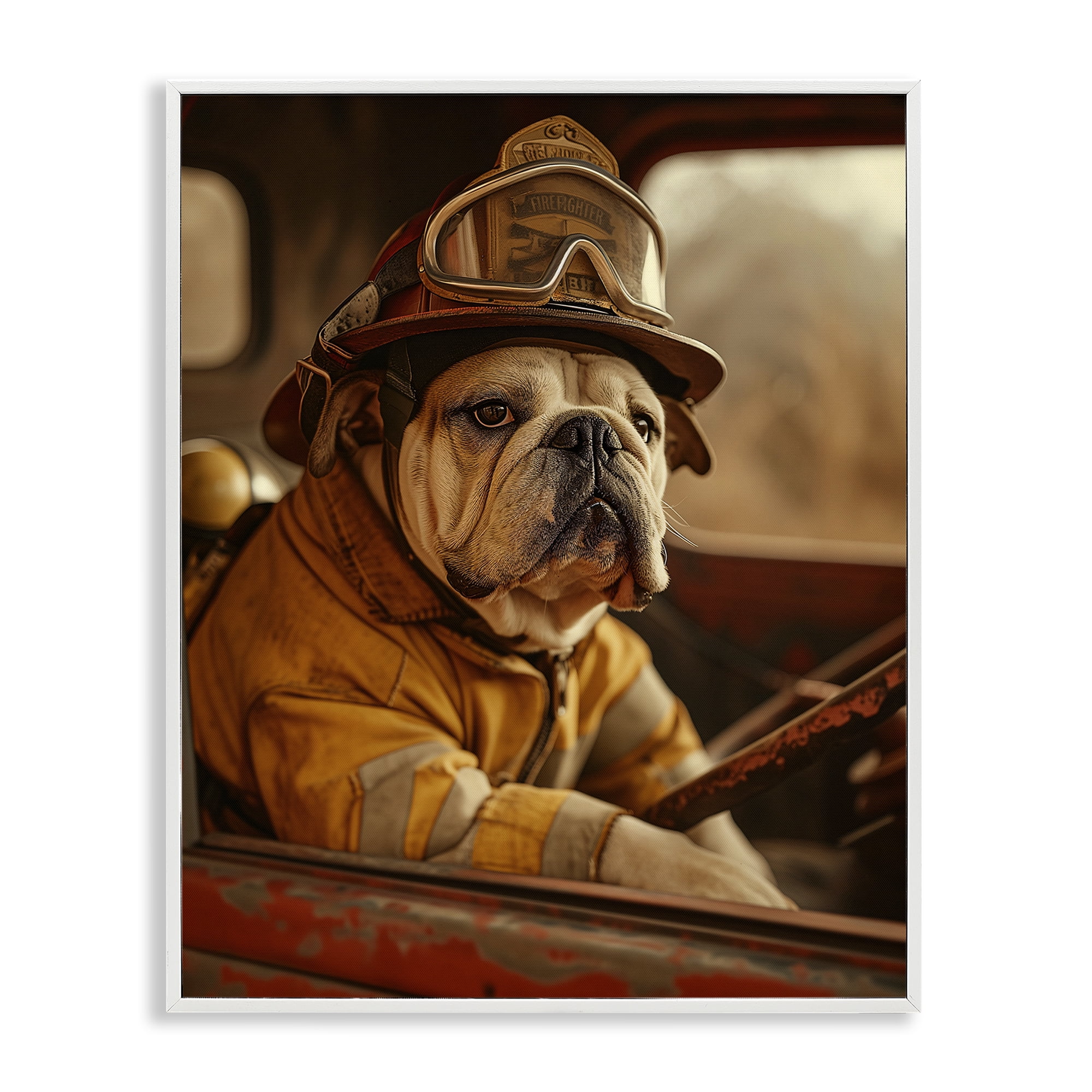 Stupell Industries Rustic Bulldog Fireman Novelty Painting White Framed Art Print Wall Art, 24 x 30