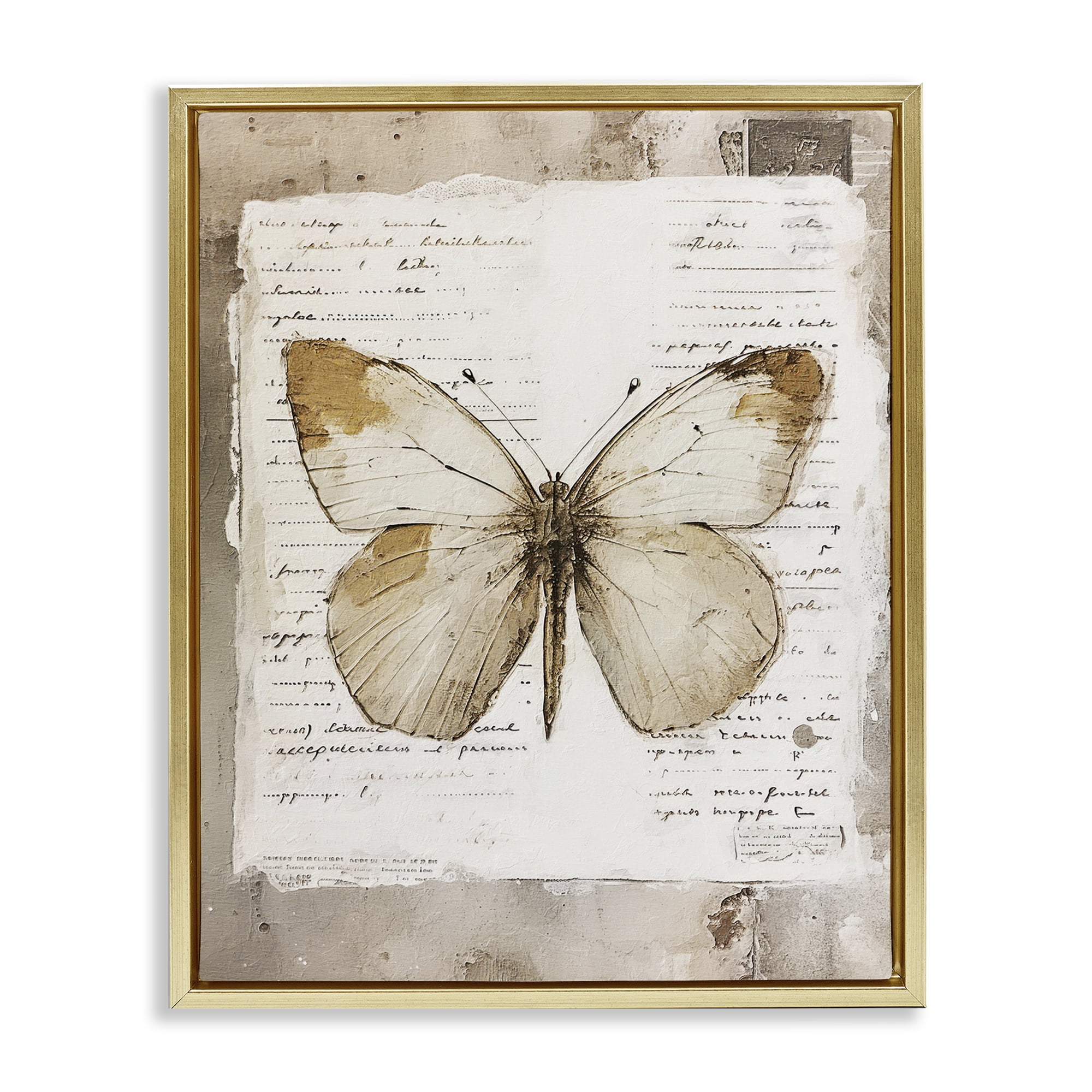 Stupell Industries Rustic Butterfly Collage Animals Painting Gold Floater Framed Canvas Art Print Wall Art, 17 x 21