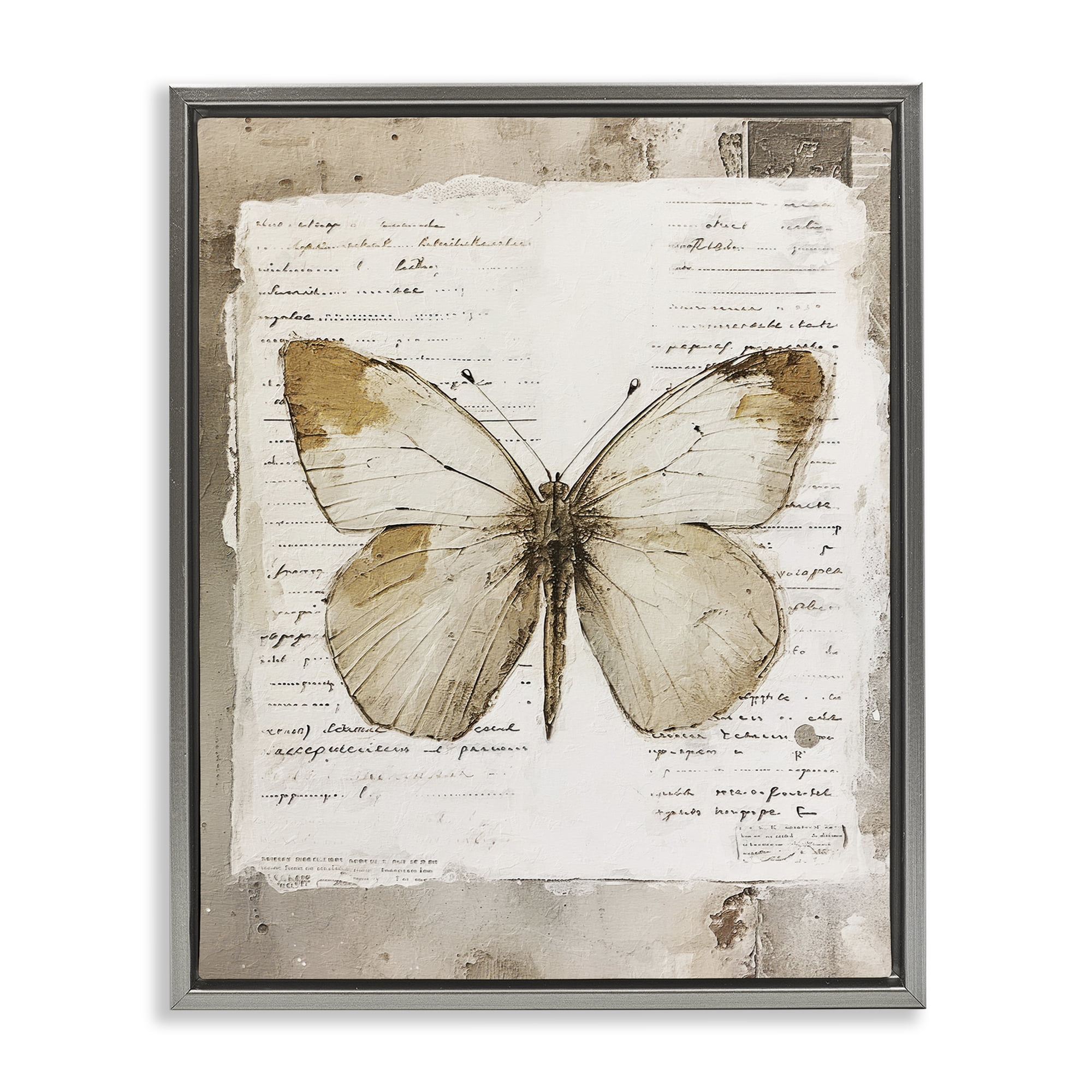 Stupell Industries Rustic Butterfly Collage Animals Painting Gray Floater Framed Canvas Art Print Wall Art, 17 x 21