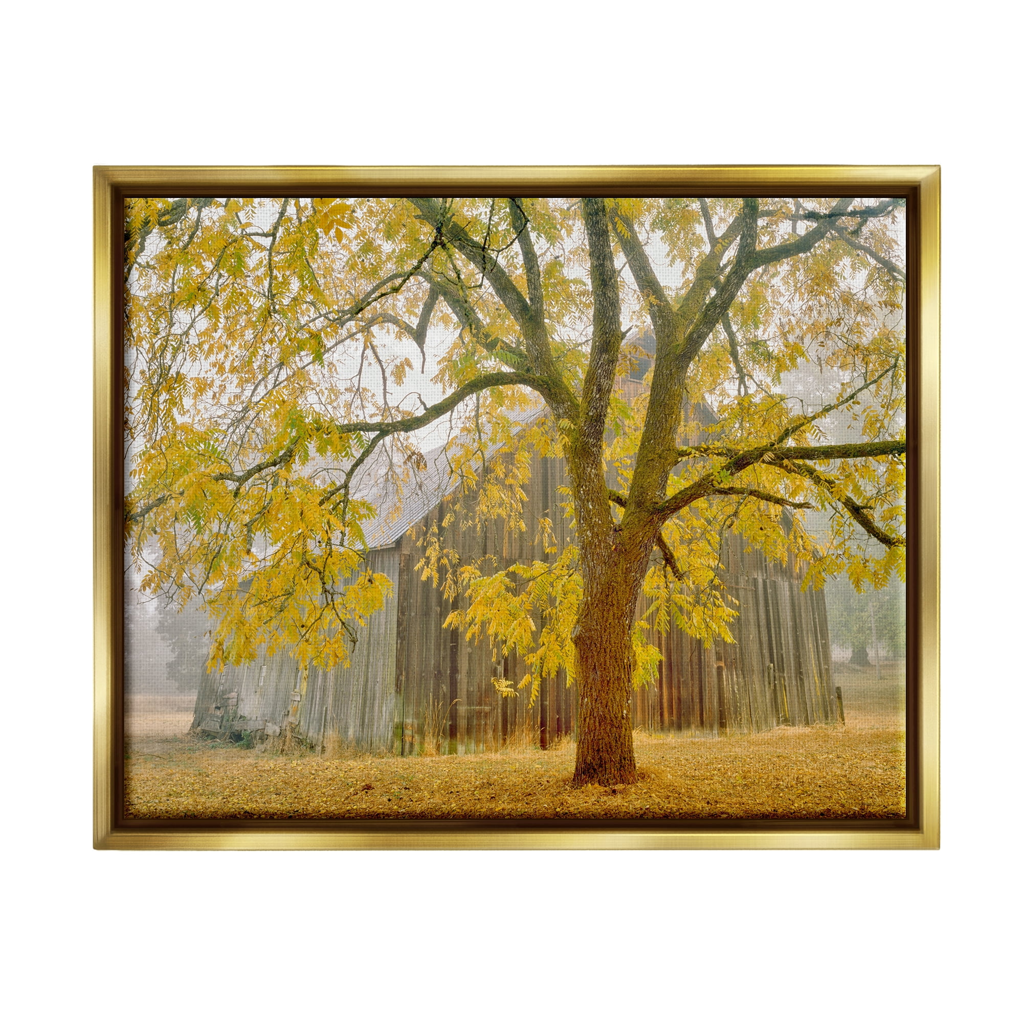 Stupell Industries Rustic Cabin Autumn Foliage Landscape Photography Gold Floater Framed Art Print Wall Art