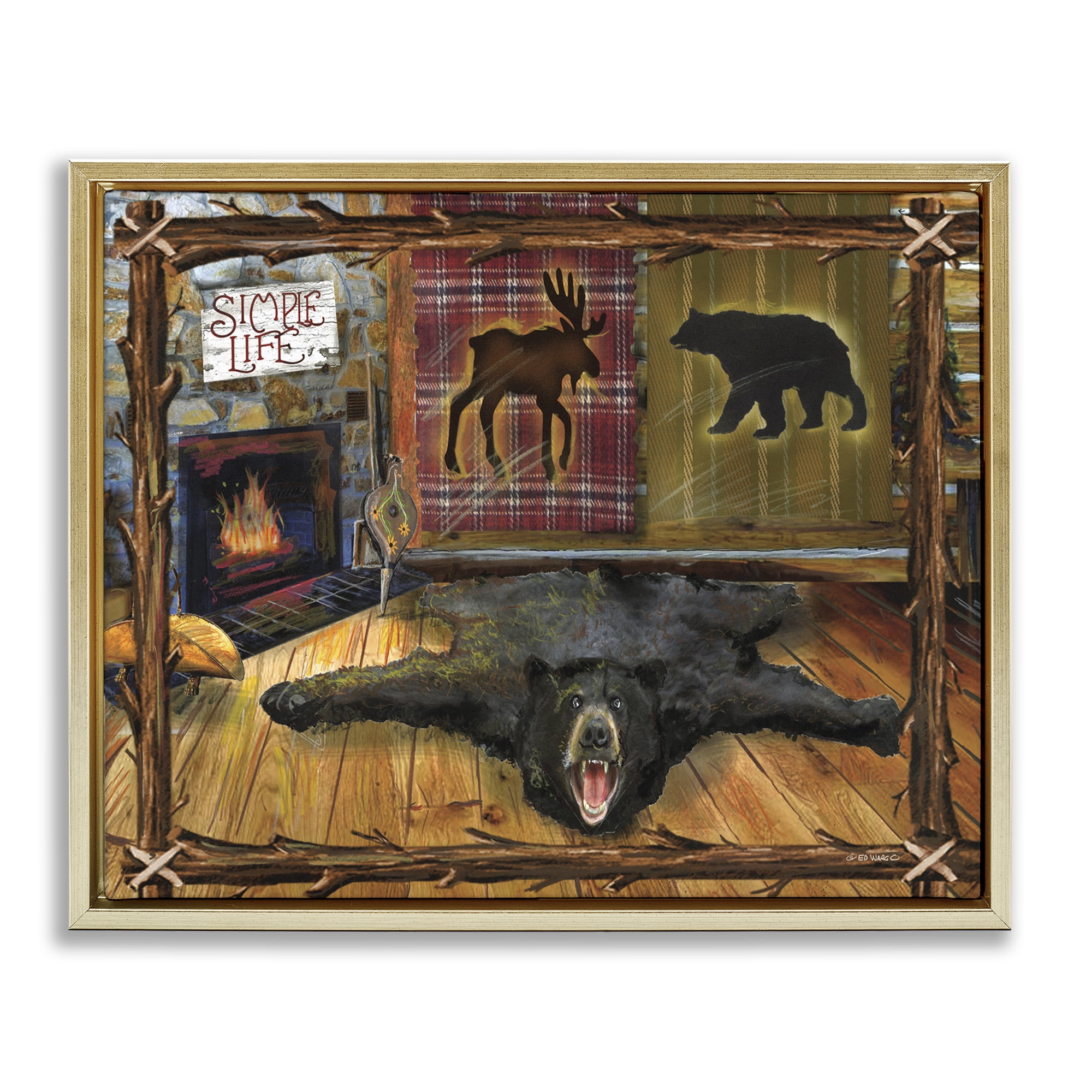 Stupell Industries Rustic Cabin Interior Animals & Insects Painting Gold Floater Framed Art Print Wall Art, 21 x 17