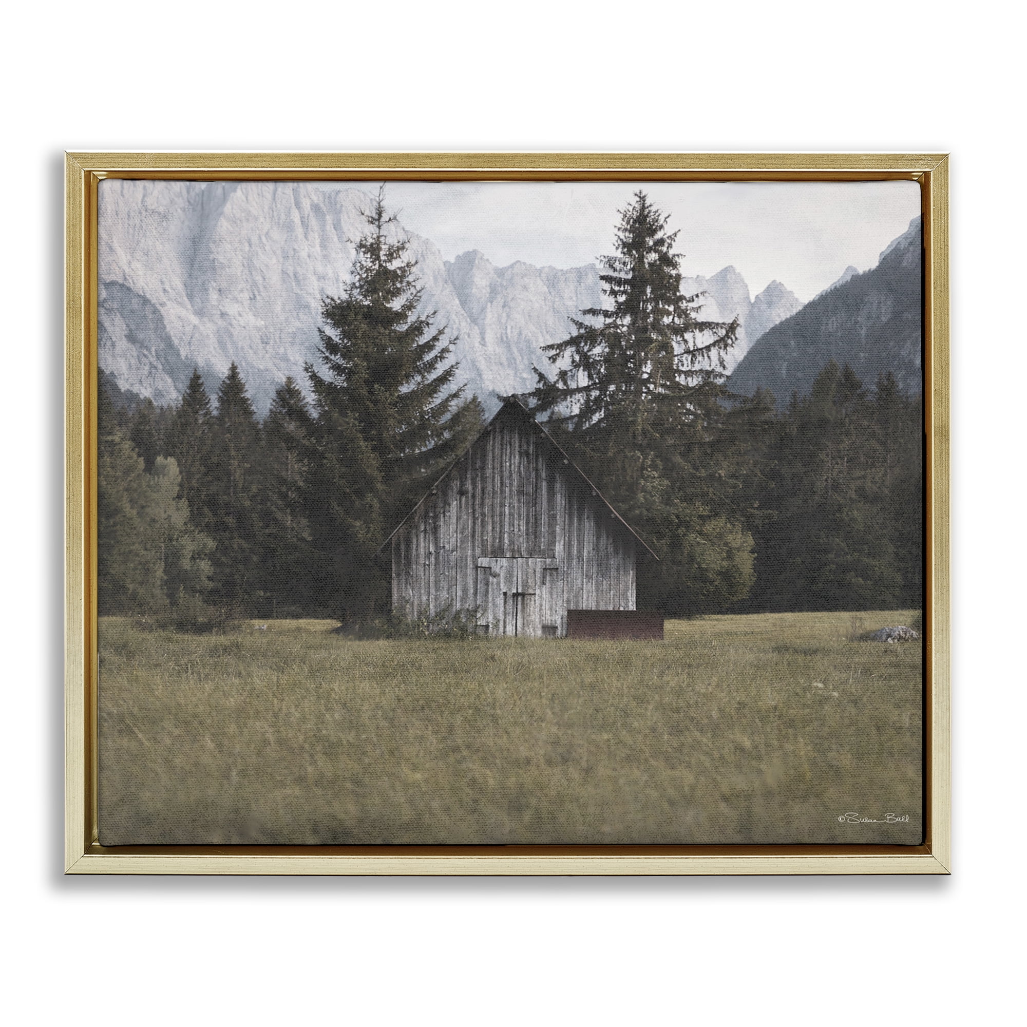 Stupell Industries Rustic Cabin Landscape Landscape Painting Gold Floater Framed Art Print Wall Art, 21 x 17