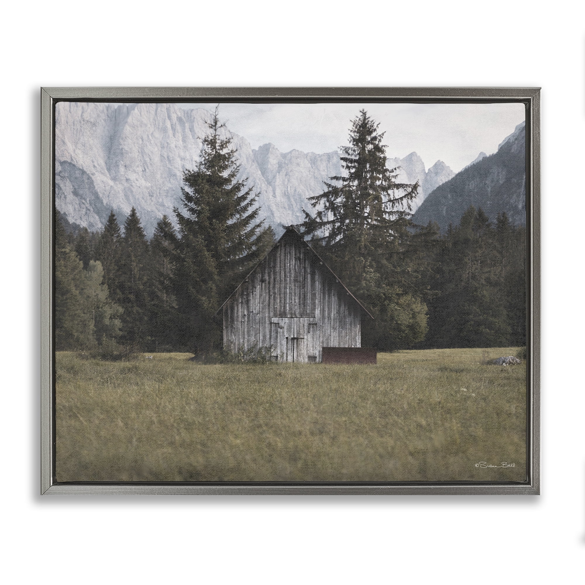Stupell Industries Rustic Cabin Landscape Landscape Painting Gray Floater Framed Art Print Wall Art, 31 x 25