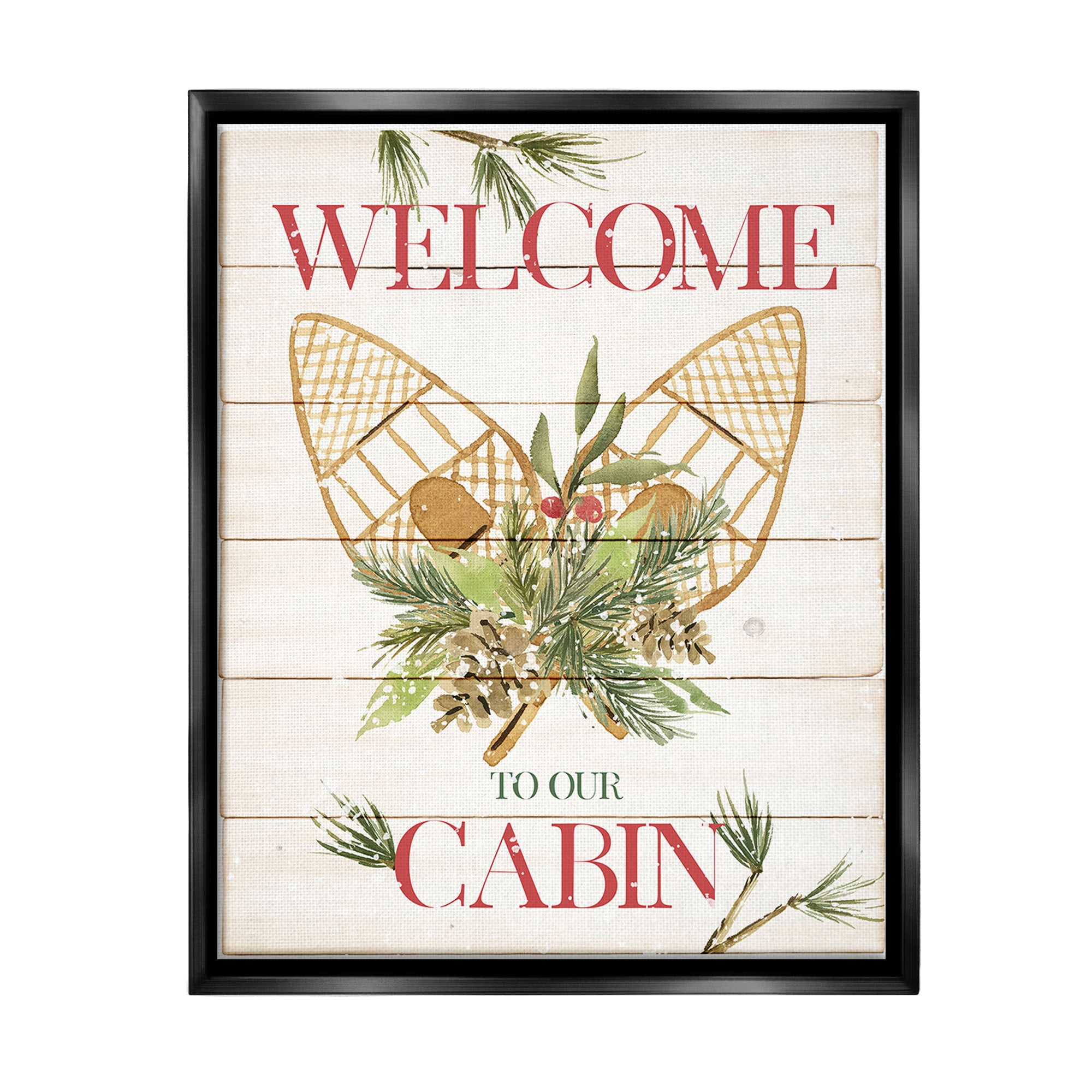 Stupell Industries Rustic Cabin Welcome Botanical & Floral Painting Black Floater Framed Canvas Art Print Wall Art, 17 x 21