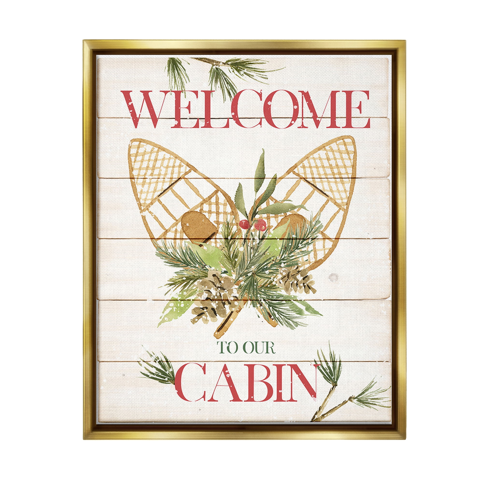 Stupell Industries Rustic Cabin Welcome Botanical & Floral Painting Gold Floater Framed Canvas Art Print Wall Art, 17 x 21