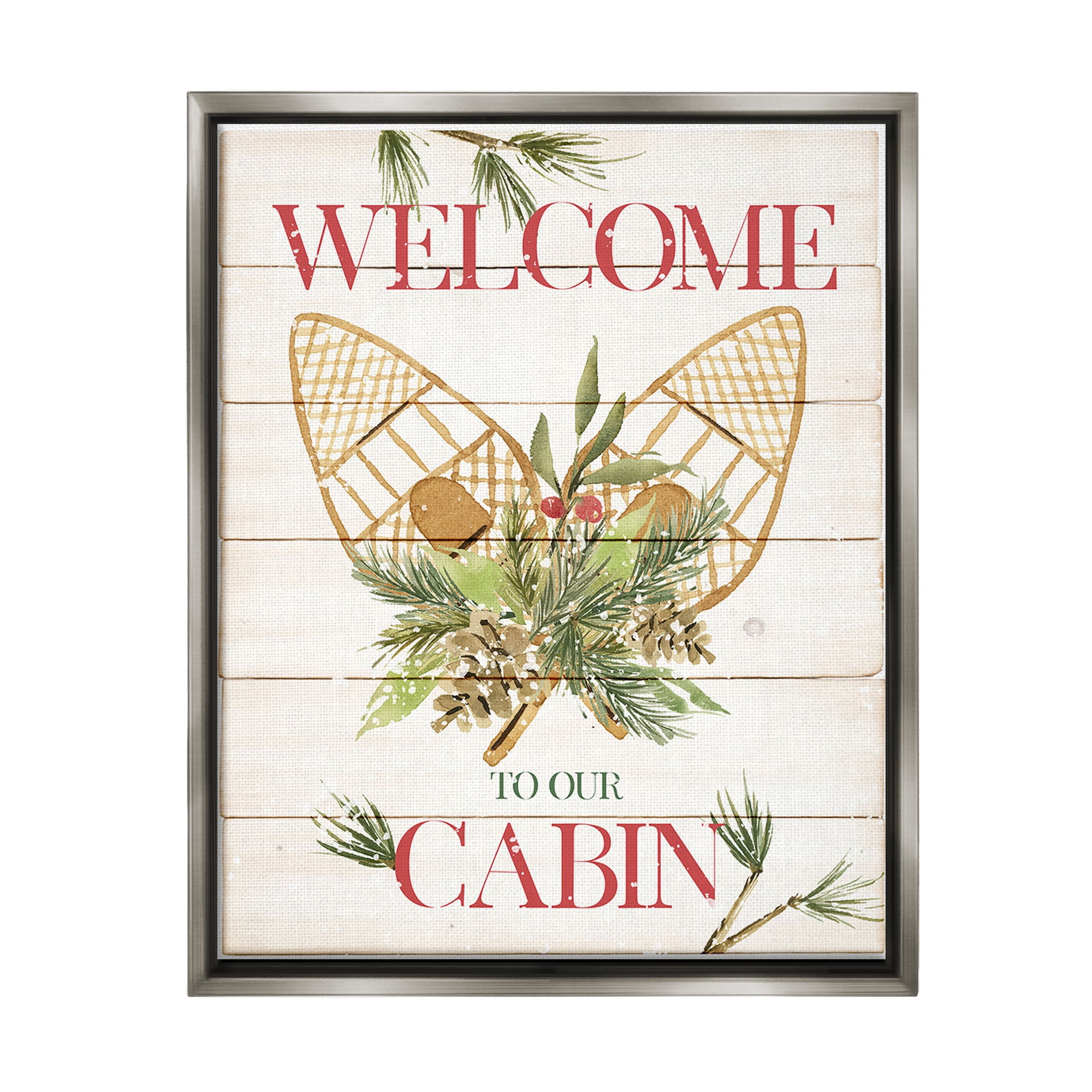 Stupell Industries Rustic Cabin Welcome Botanical & Floral Painting Gray Floater Framed Canvas Art Print Wall Art, 25 x 31
