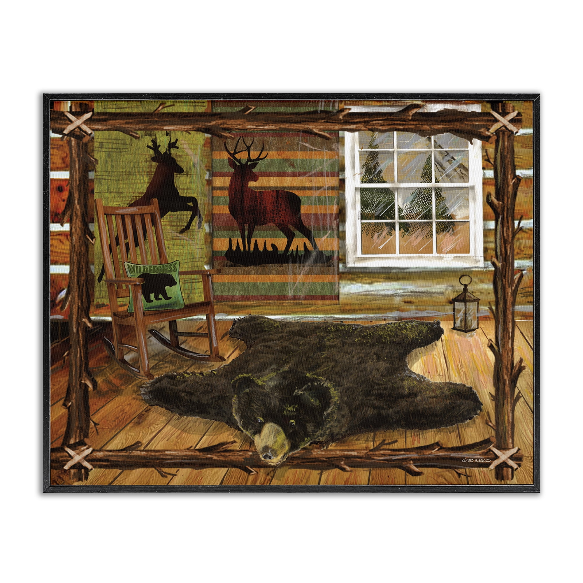 Stupell Industries Rustic Cabin with Border Animals & Insects Painting Black Framed Art Print Wall Art, 30 x 24