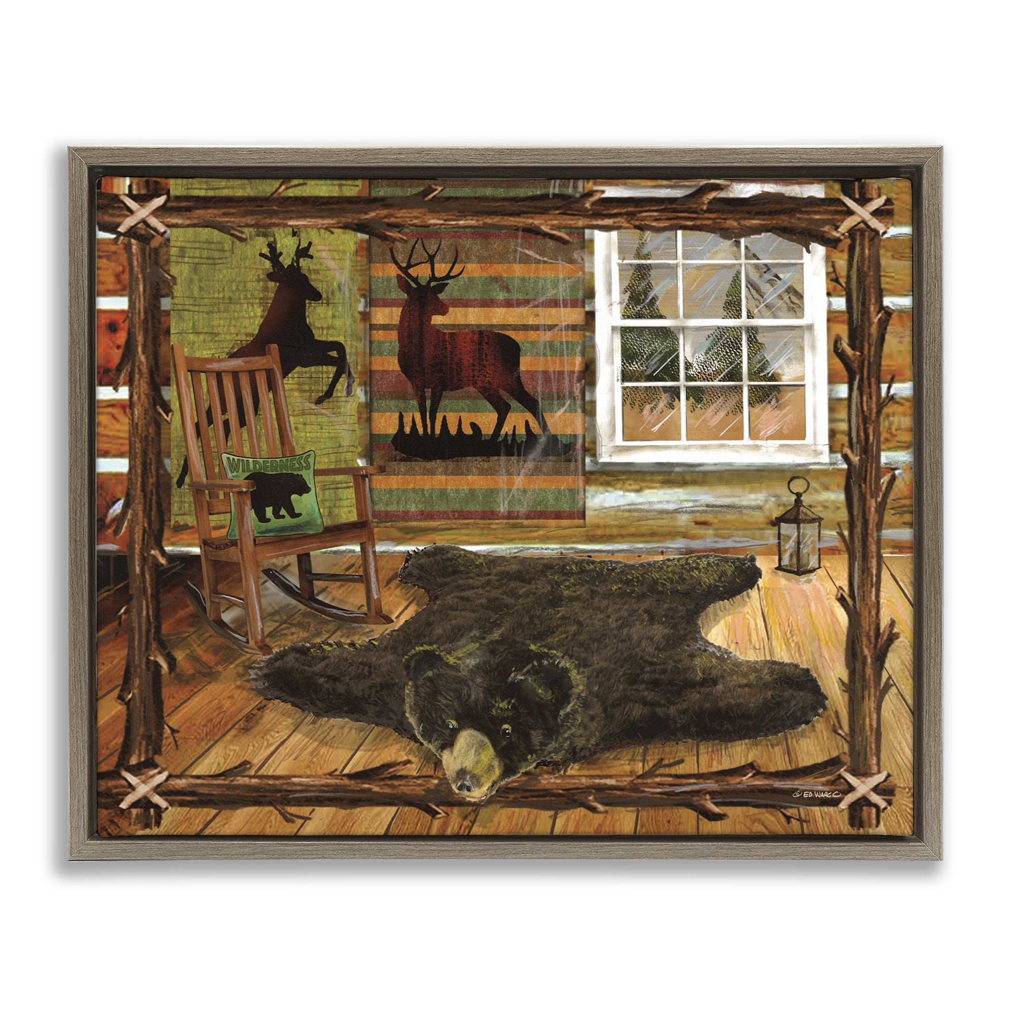 Stupell Industries Rustic Cabin with Border Animals & Insects Painting Brown Floater Framed Art Print Wall Art, 21 x 17
