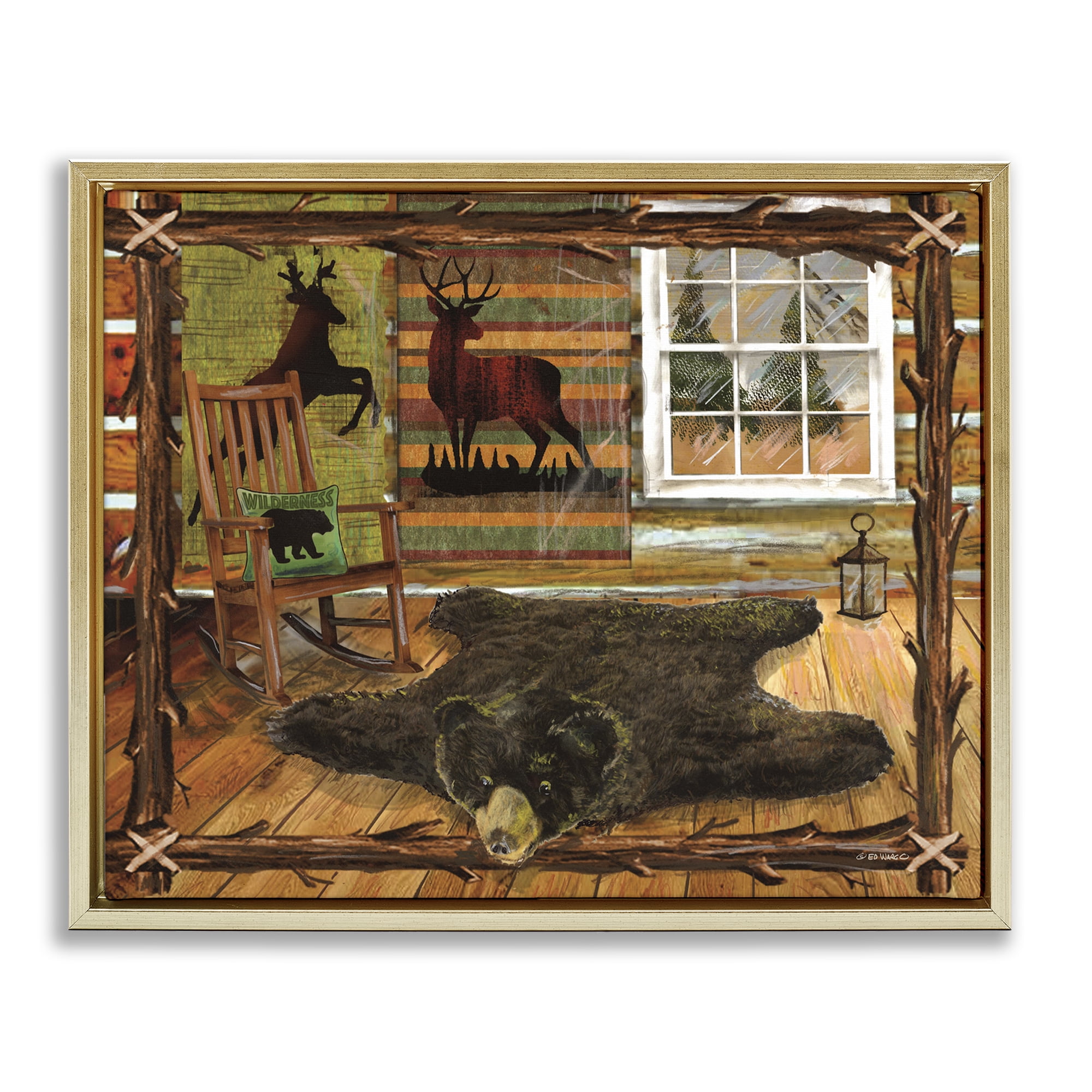 Stupell Industries Rustic Cabin with Border Animals & Insects Painting Gold Floater Framed Art Print Wall Art, 31 x 25