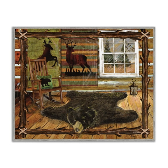 Stupell Industries Rustic Cabin with Border Animals & Insects Painting Gray Framed Art Print Wall Art, 14 x 11