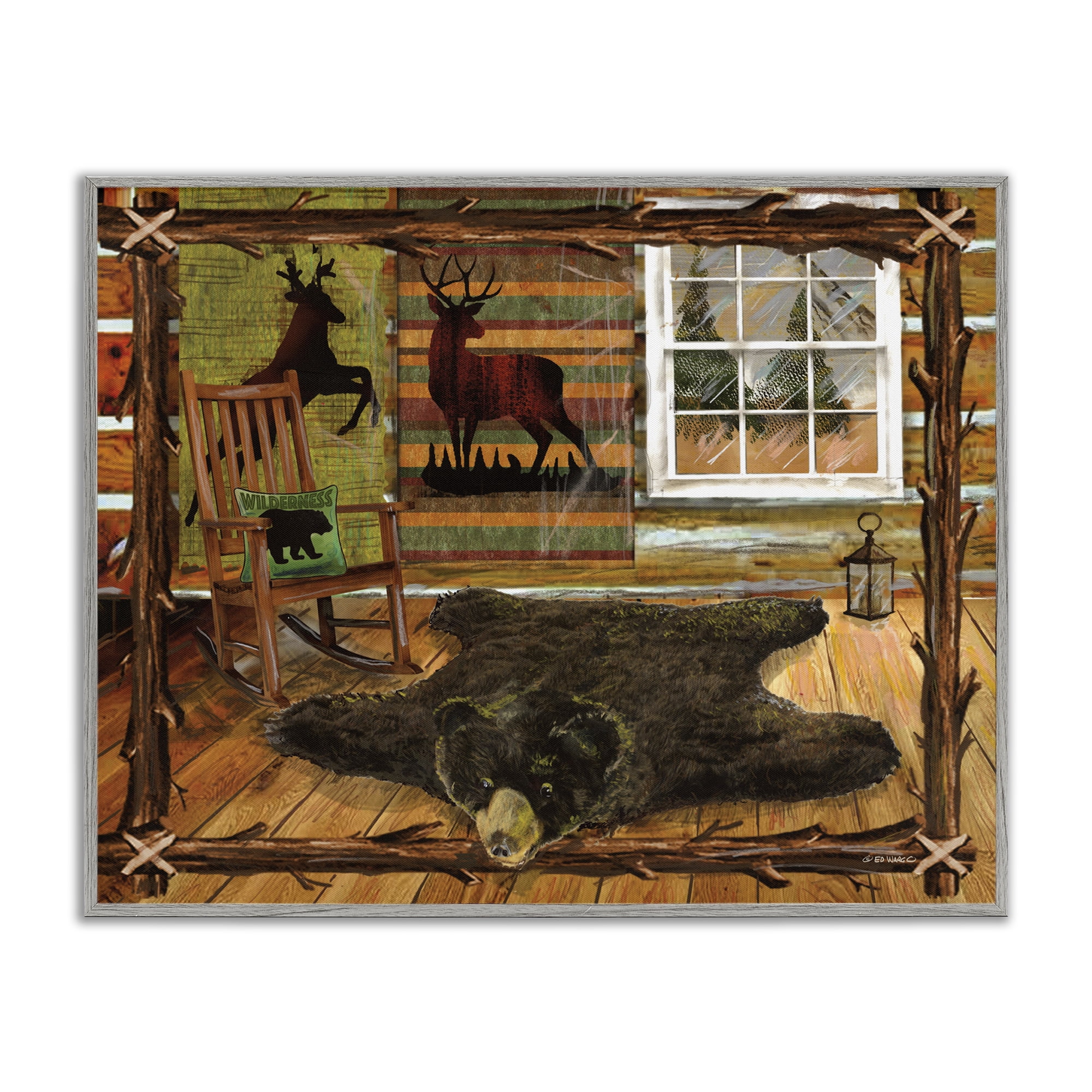 Stupell Industries Rustic Cabin with Border Animals & Insects Painting Gray Framed Art Print Wall Art, 30 x 24