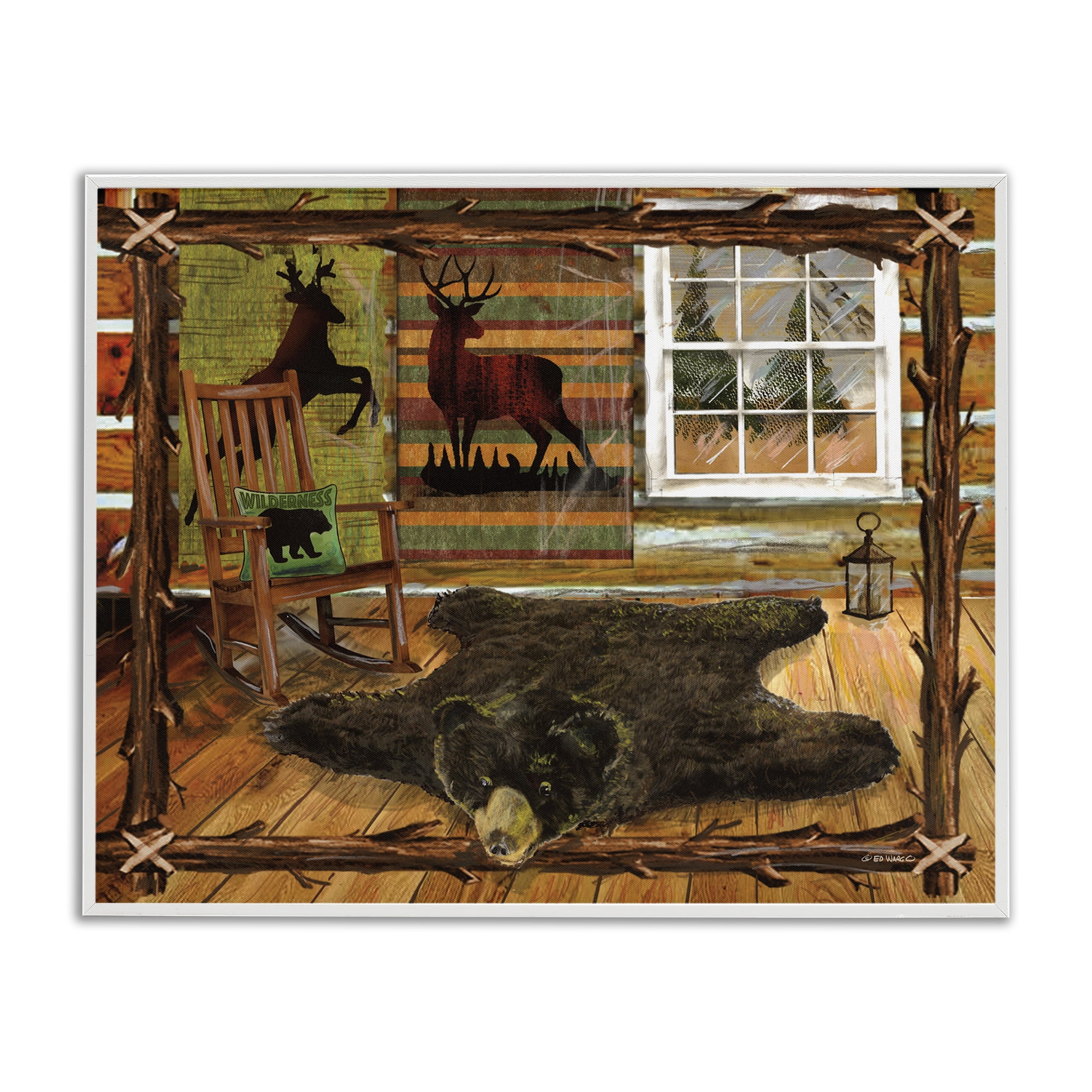 Stupell Industries Rustic Cabin with Border Animals & Insects Painting White Framed Art Print Wall Art, 30 x 24