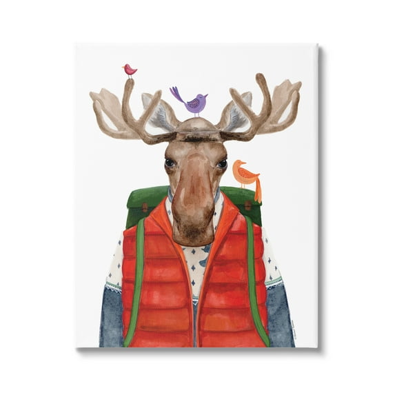 Stupell Industries Rustic Camp Attire Moose Antlers Perched Birds Canvas Wall Art, 24 x 30, Design by Rachel Nieman