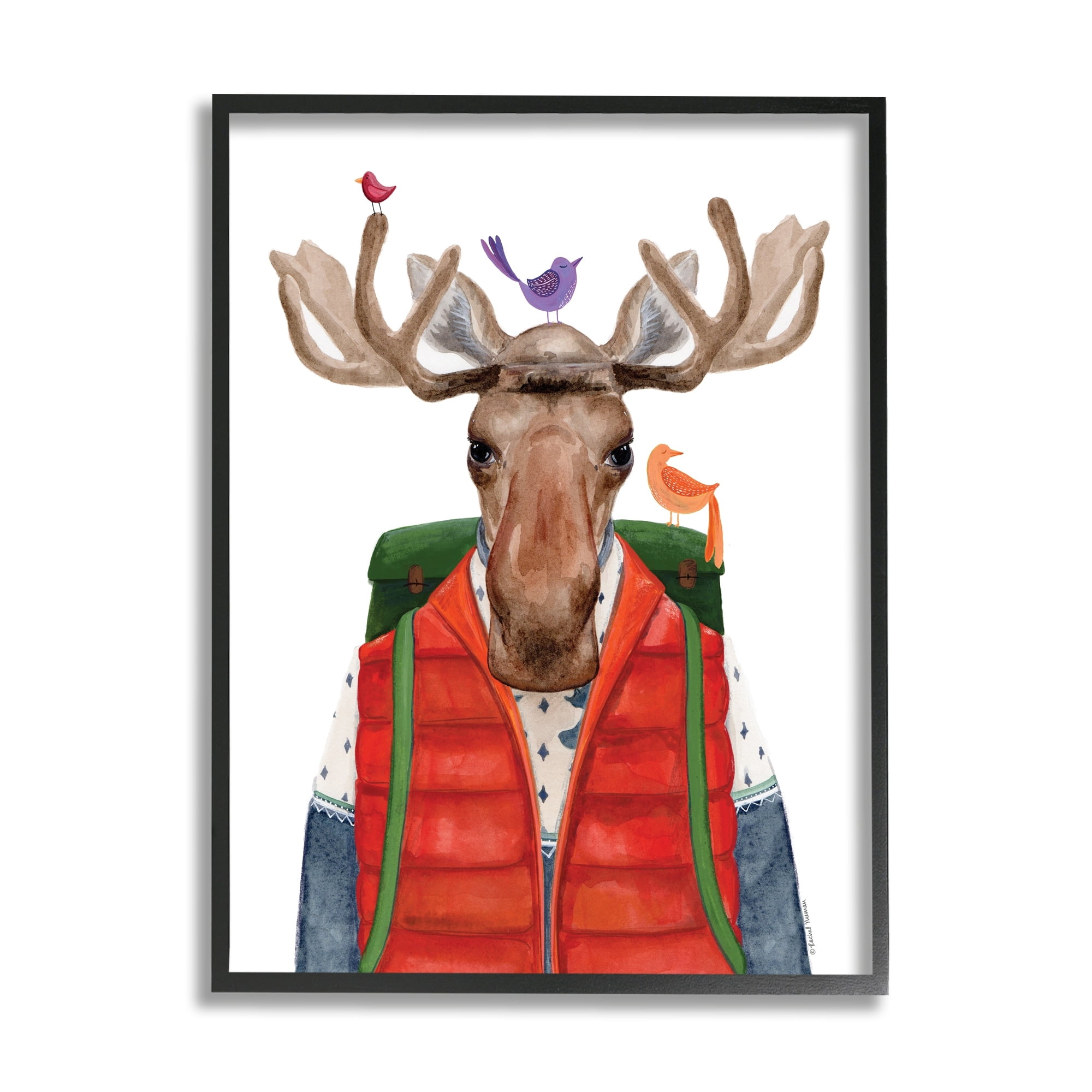 Stupell Industries Rustic Camp Attire Moose Antlers Perched Birds Framed Wall Art, 11 x 14, Design by Rachel Nieman