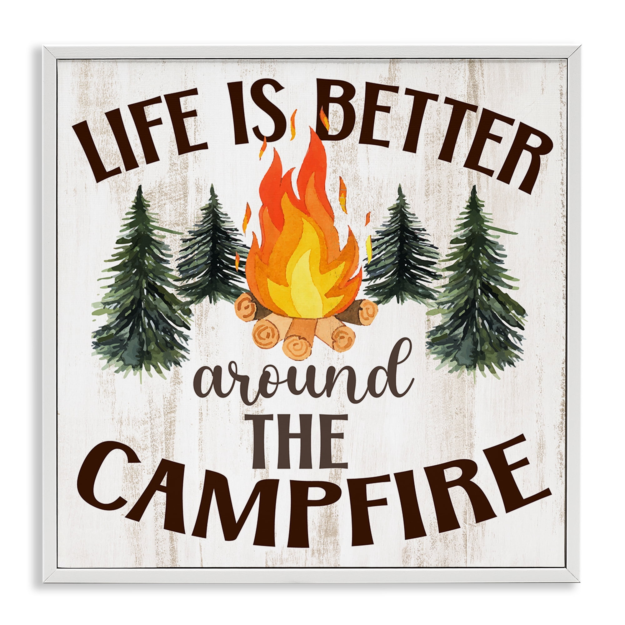 Stupell Industries Rustic Campfire Phrase Landscape Painting White Framed Art Print Wall Art, 12 x 12