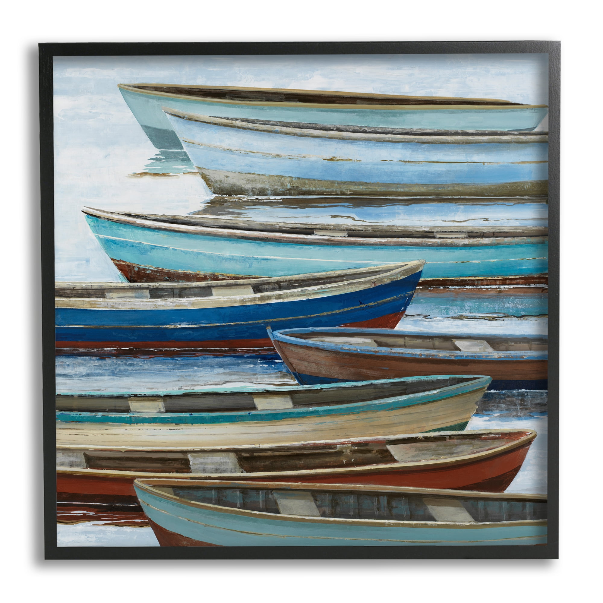 Rustic Canoes on Lake Landscape Canvas Print with Black Frame
