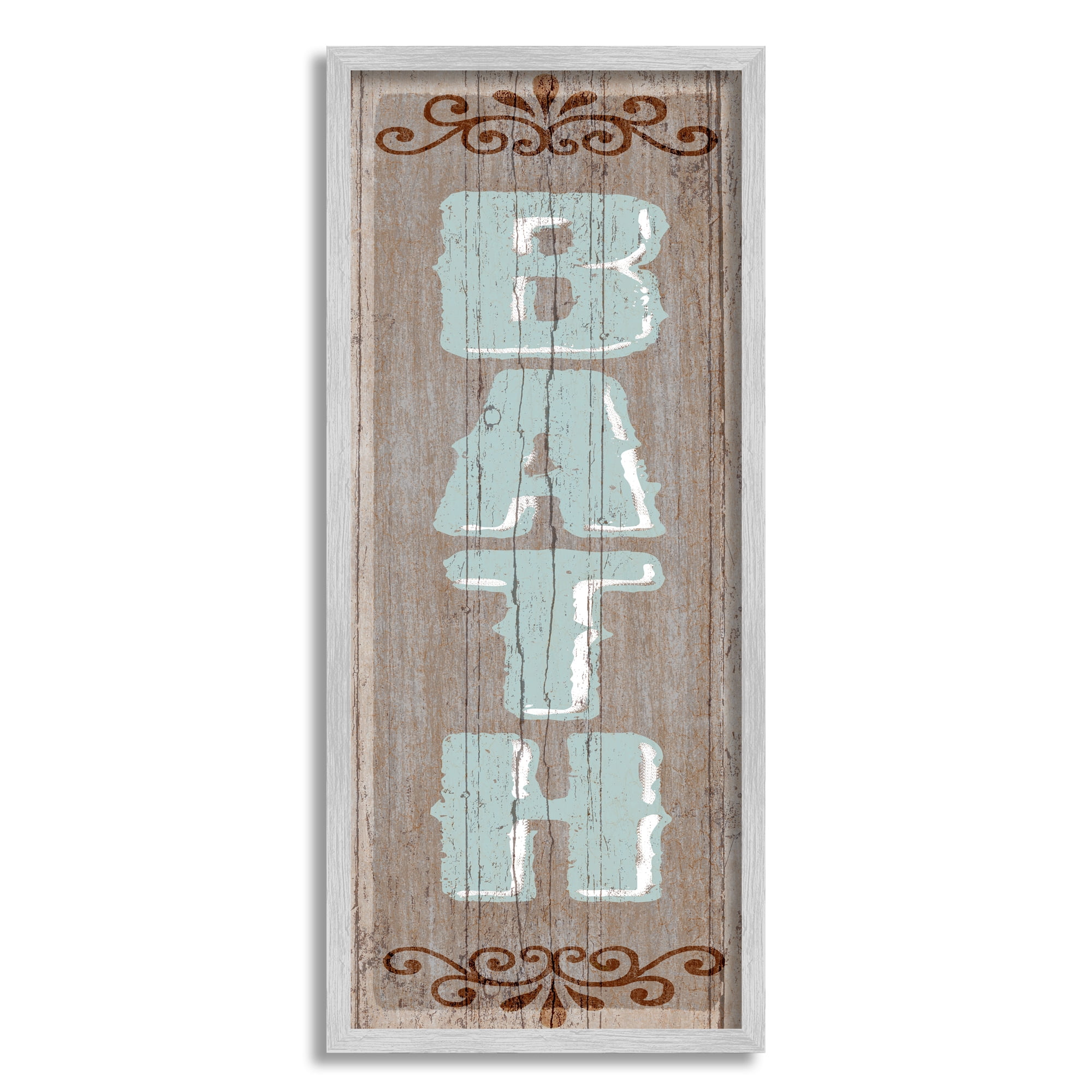 Stupell Industries Rustic Charm Bath Sign Blue Brown Family Bathroom, 13 x 30,Design by Art Licensing Studio