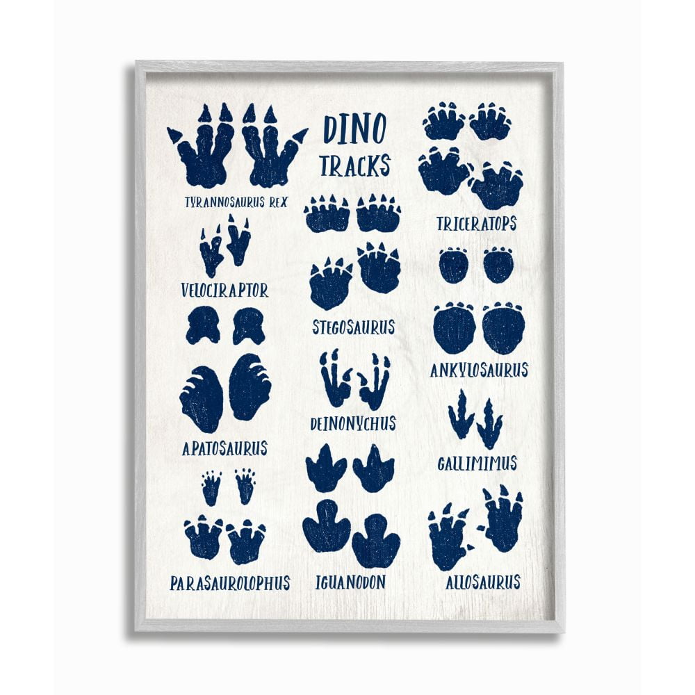 Stupell Industries Rustic Chart of Dinosaur Tracks Kid's Reptile Sign Framed Wall Art Design by Daphne Polselli, 16" x 20", Gray Framed
