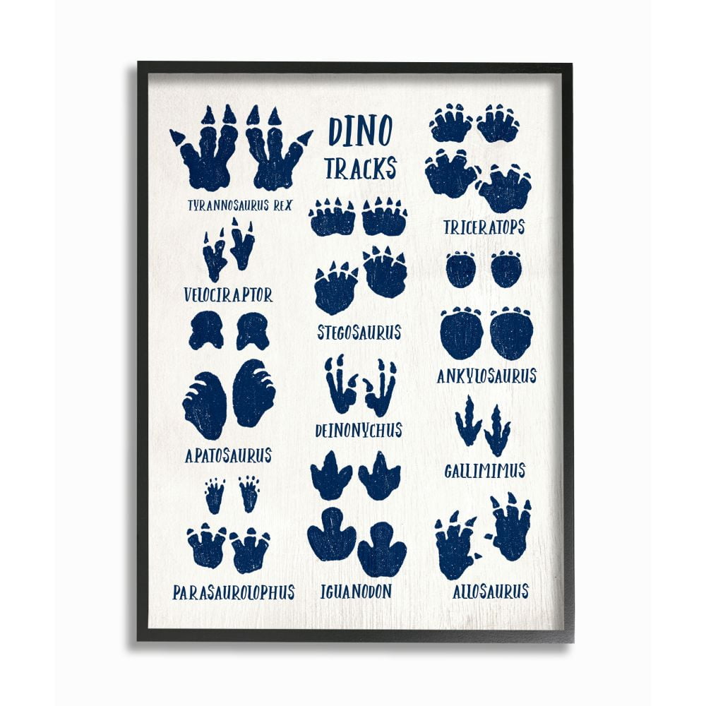 Stupell Industries Rustic Chart of Dinosaur Tracks Kid's Reptile Sign Typography Painting Black Framed Art Print Wall Art, 24 x 30