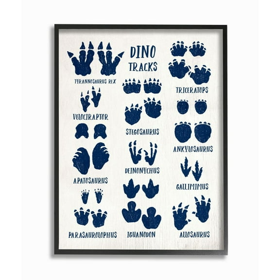 Stupell Industries Rustic Chart of Dinosaur Tracks Kid's Reptile Sign Typography Painting Black Framed Art Print Wall Art, 24 x 30