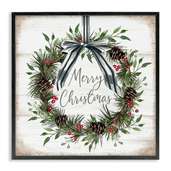 Stupell Industries Rustic Christmas Pinecone Wreath Quotes and Sayings Painting Black Framed Art Print Wall Art, 12 x 12
