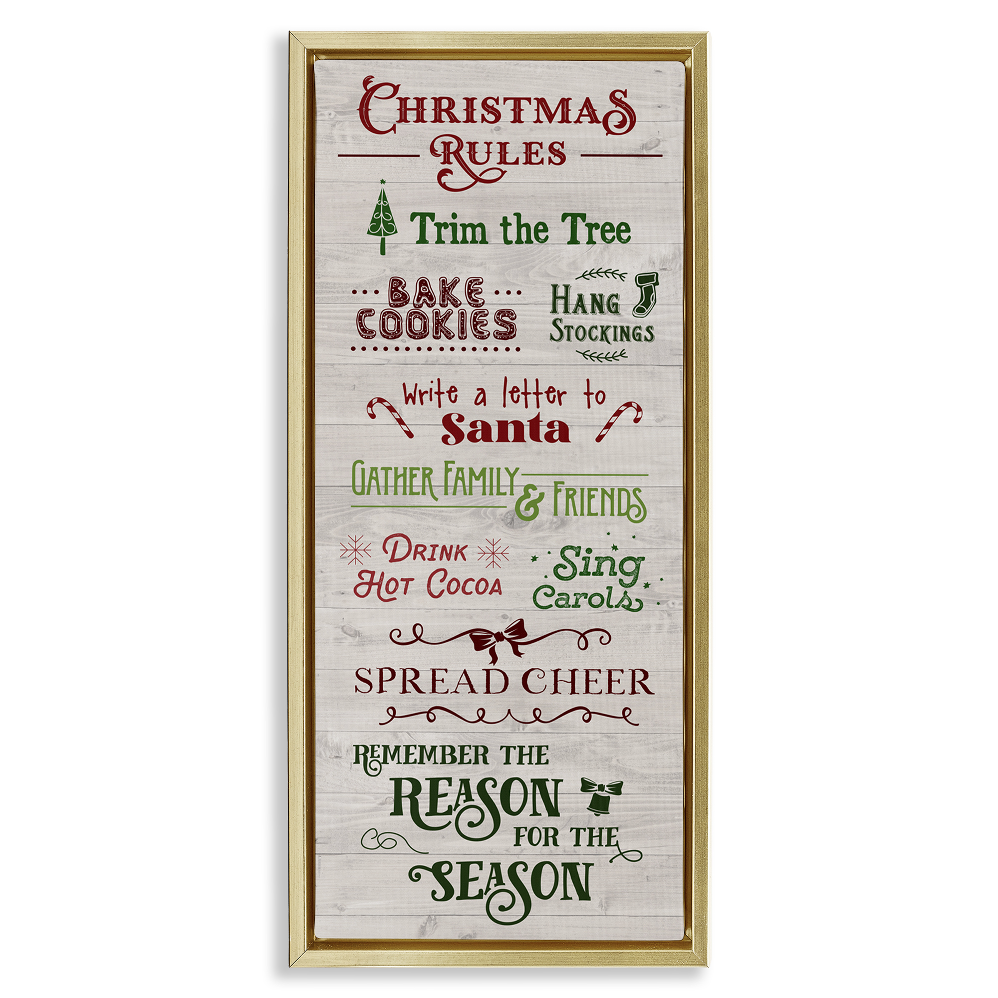 Stupell Industries Rustic Christmas Rules Holiday Painting Gold Floater Framed Canvas Art Prints Wall Art, 15 x 31
