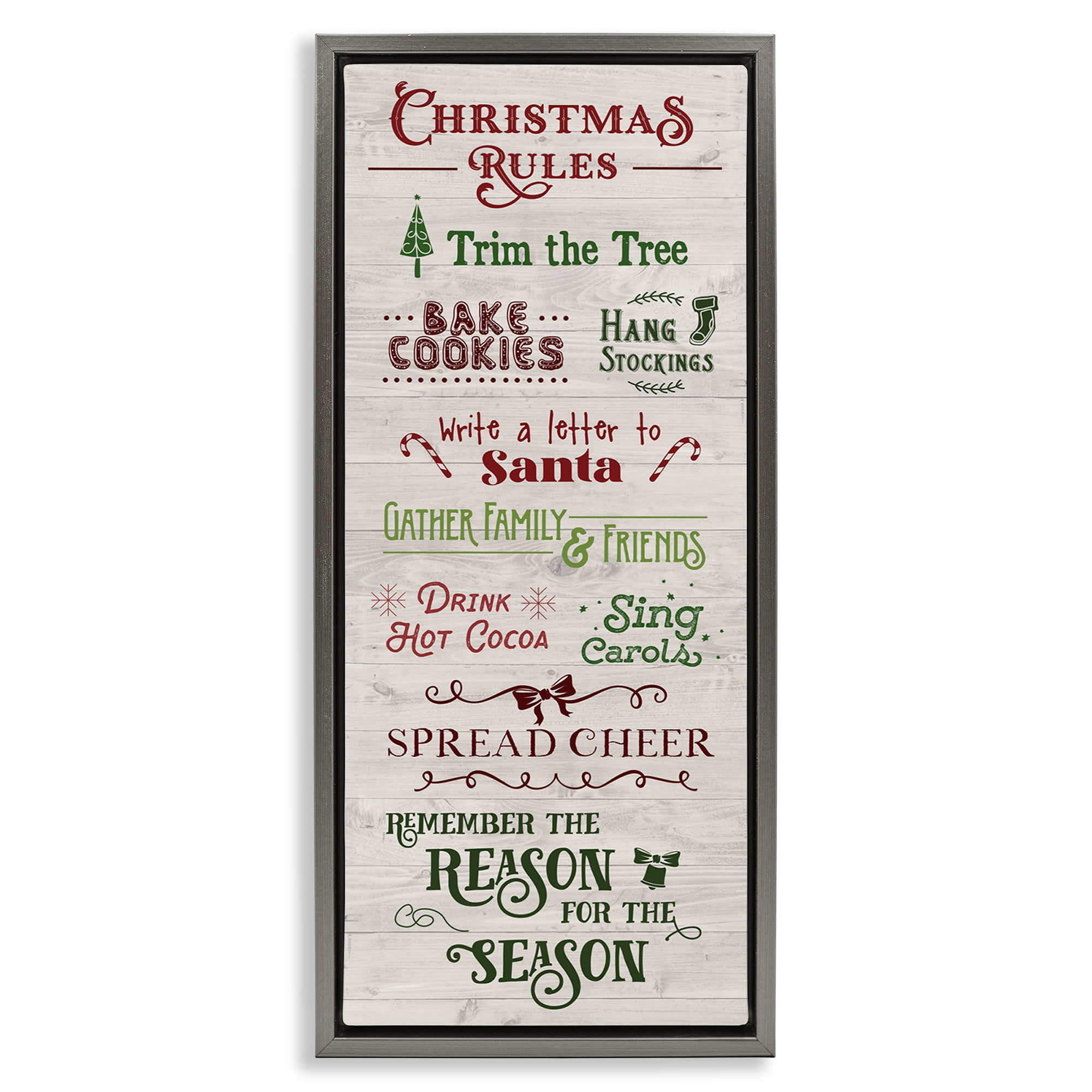 Stupell Industries Rustic Christmas Rules Holiday Painting Gray Floater Framed Canvas Art Prints Wall Art, 15 x 31
