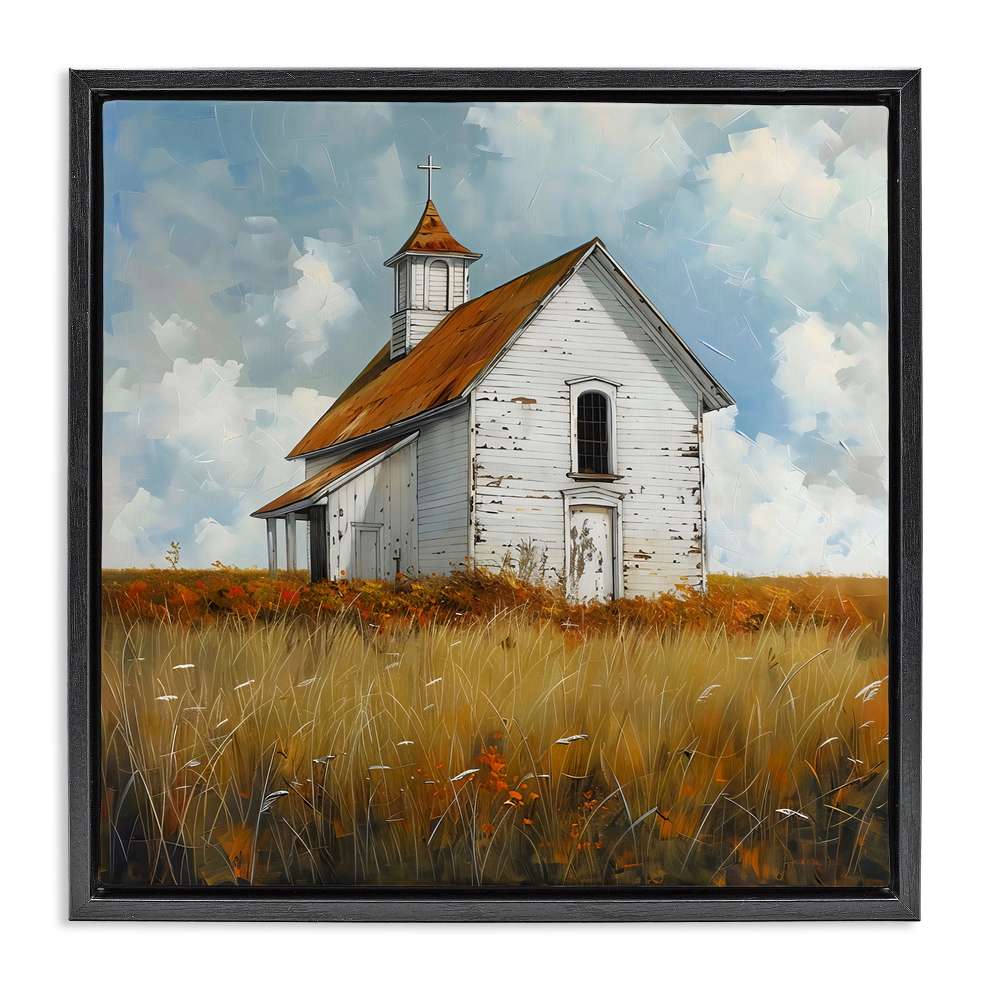 Stupell Industries Rustic Church in Field Black Framed Floater Canvas Wall Art, design by Creative Studio