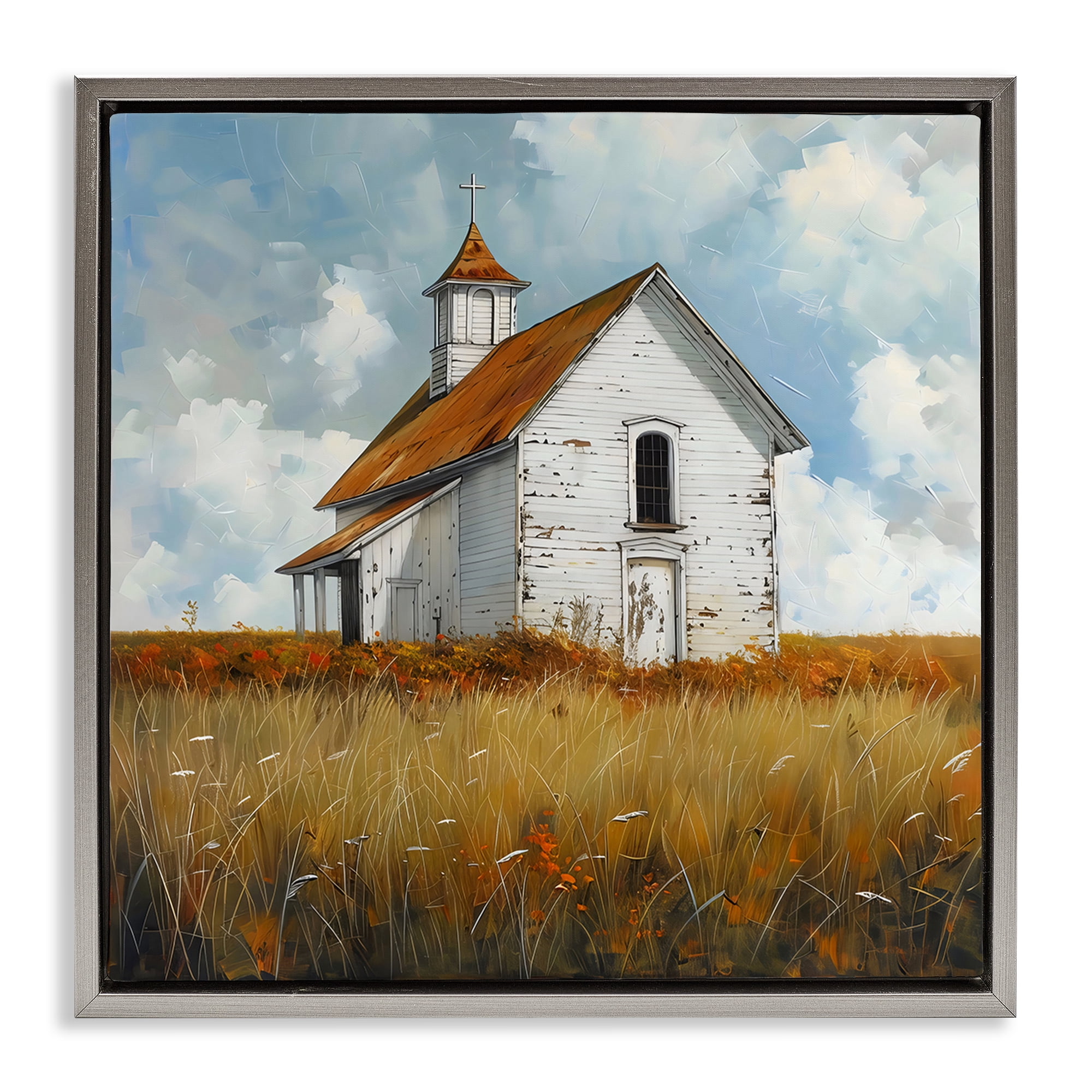 Stupell Industries Rustic Church in Field Gray Framed Floater Canvas Wall Art, design by Creative Studio