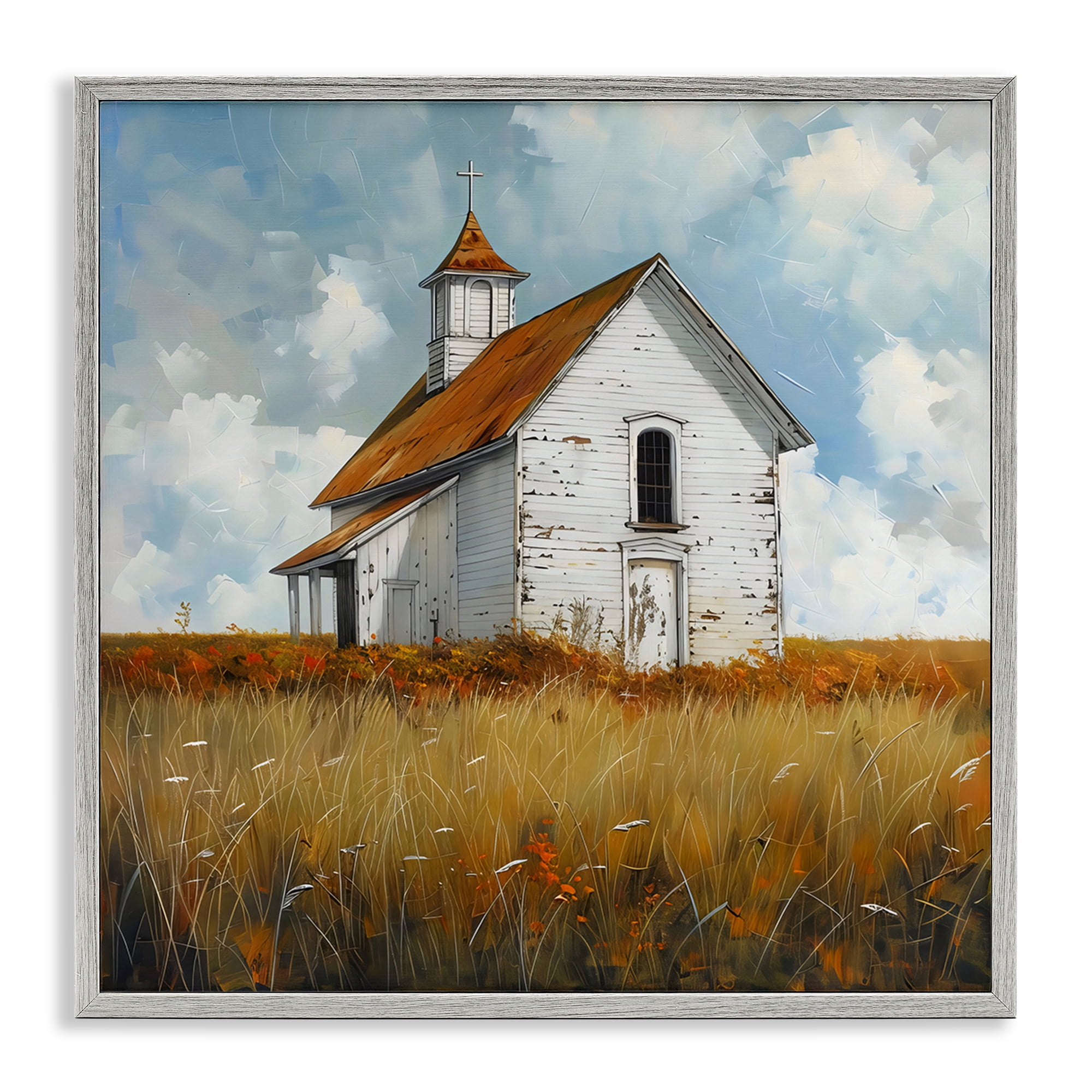 Stupell Industries Rustic Church in Field Gray Framed Giclee Art, design by Creative Studio