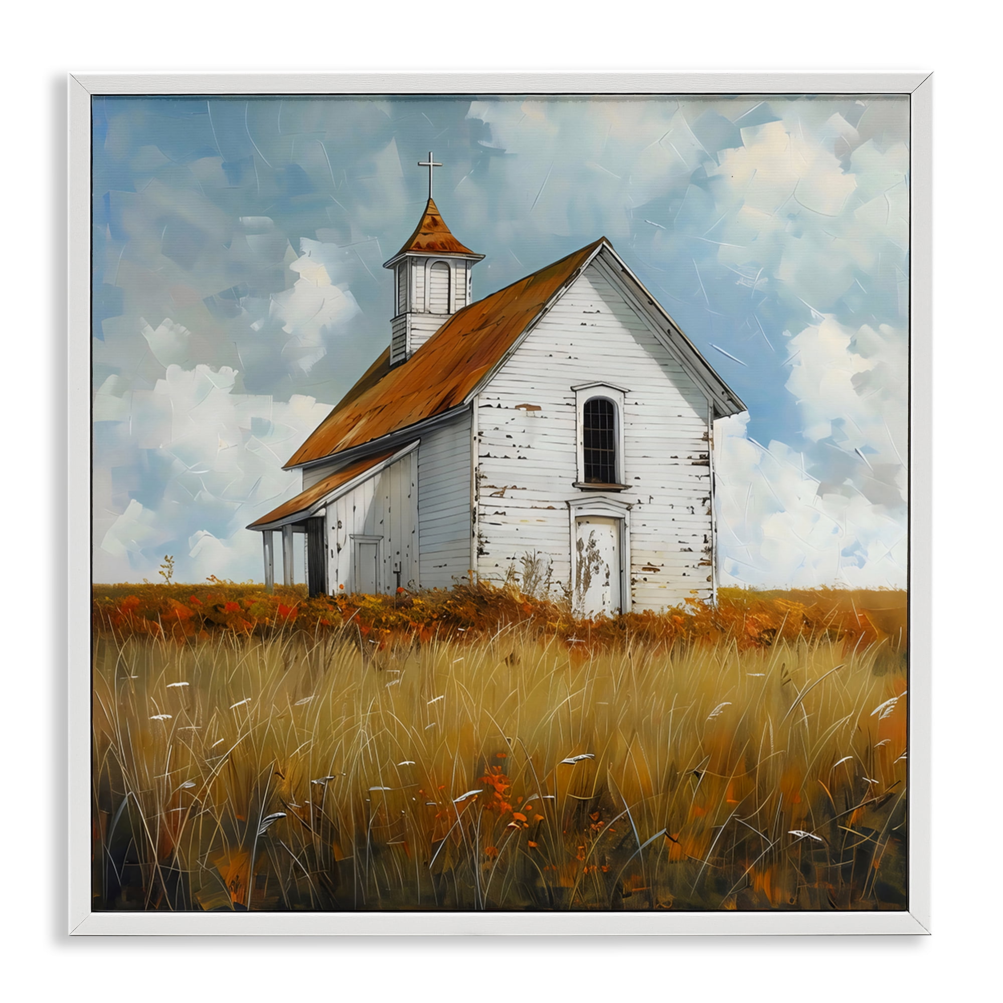 Stupell Industries Rustic Church in Field White Framed Giclee Art, design by Creative Studio