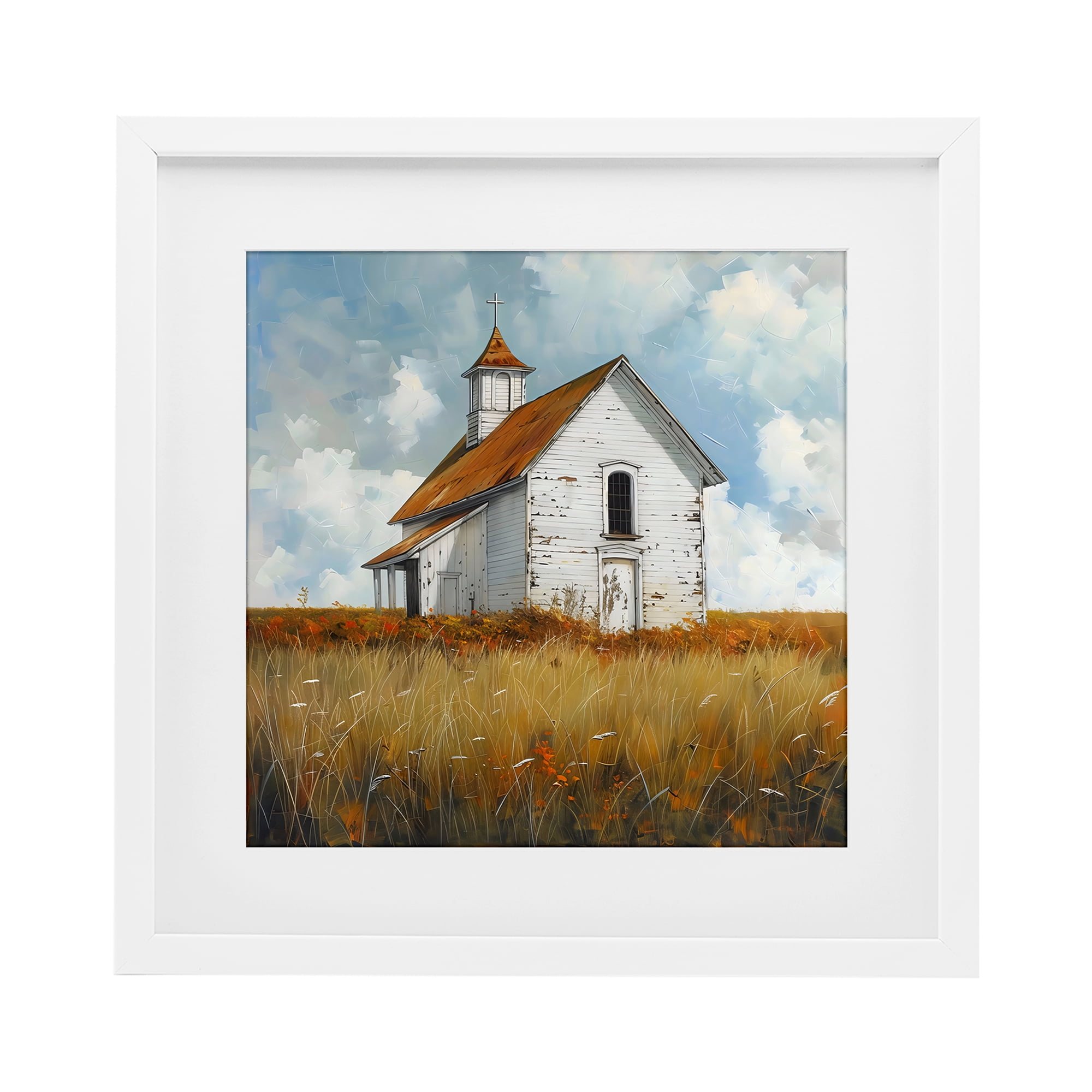 Stupell Industries Rustic Church in Field White Framed Print Under Glass, design by Creative Studio