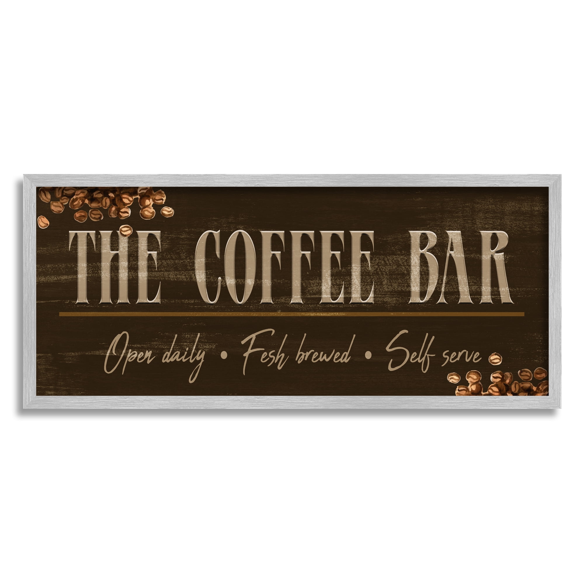 Stupell Industries Rustic Coffee Bar Sign Food & Beverage Painting Gray Framed Art Print Wall Art, 24 x 10