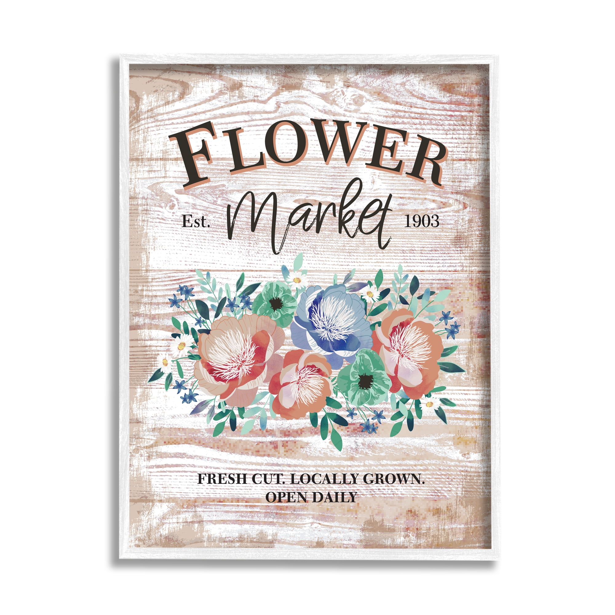 Stupell Industries Rustic Country Flower Market Est. 1903 Illustration Graphic Art White Framed Art Print Wall Art, 11x14, by Jennifer Ellory