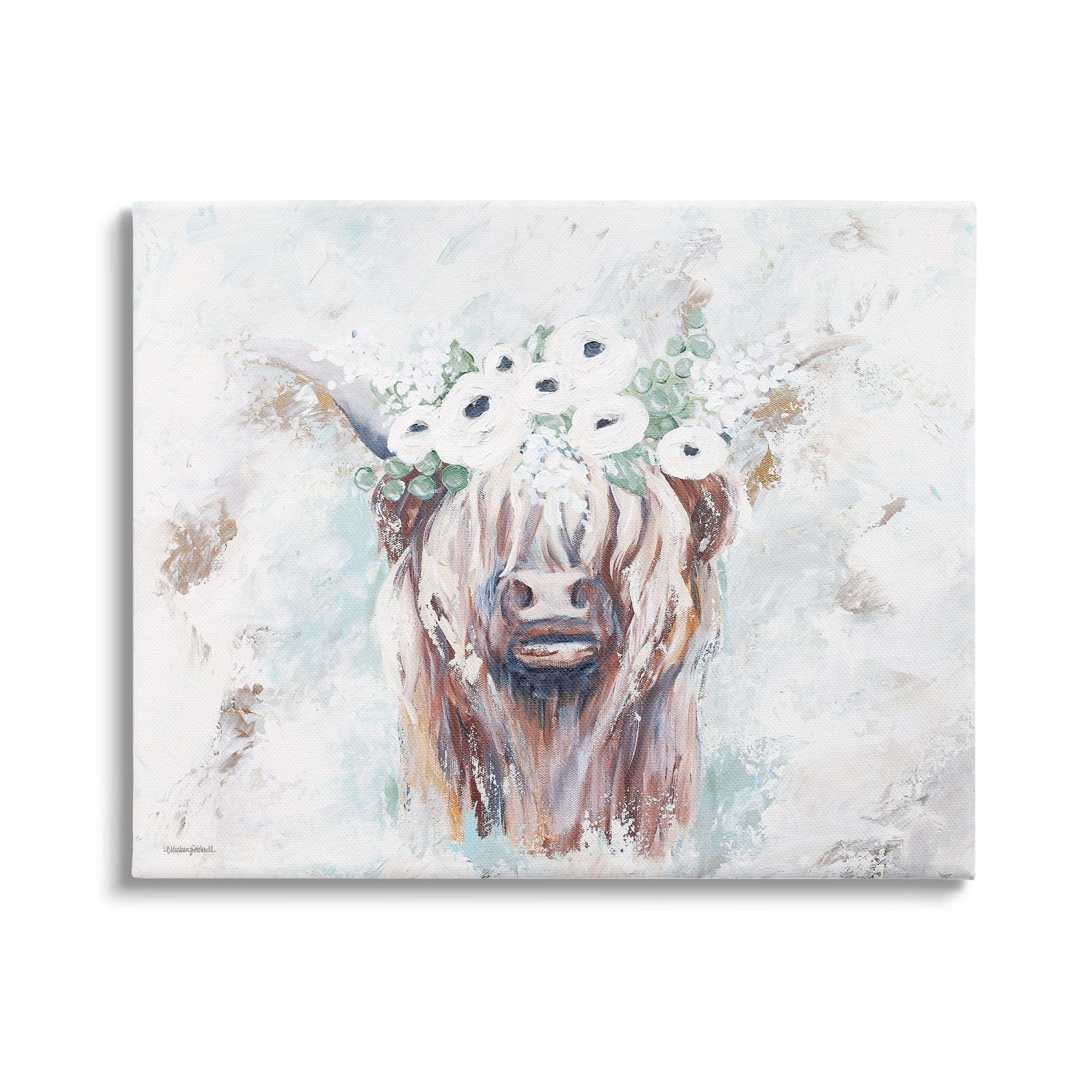 Stupell Industries Rustic Country Longhorn Cattle Flecked Flower Blossoms Canvas Wall Art, 20 x 16, Design by Mackenzie Kissell